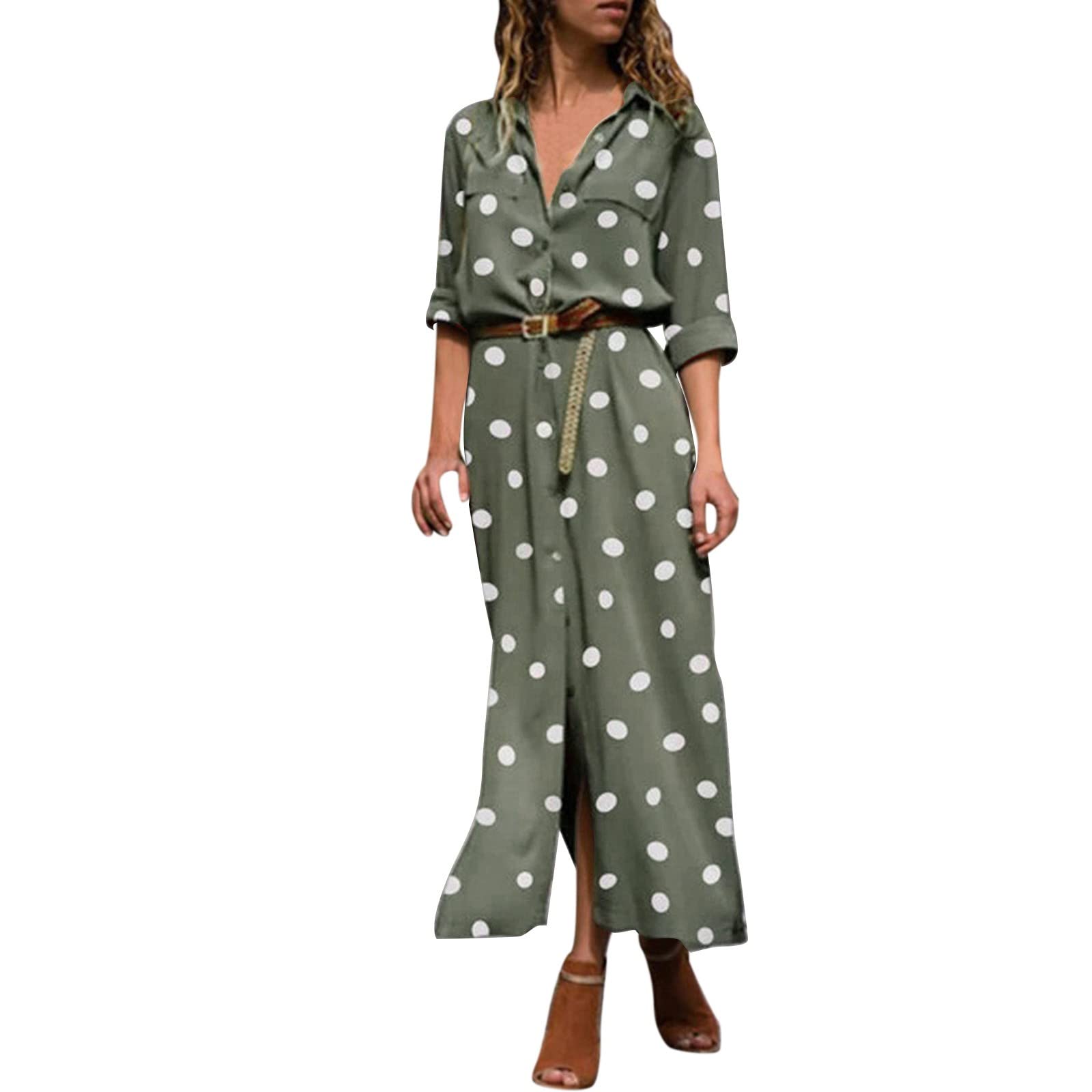 Ogiraw Women's Summer Polka Dot Print Maxi Dress - Button Front Slit Long Flowy Dress in Gold | Casual Beach Wear, Vacation Outfit & Summer Party Dress