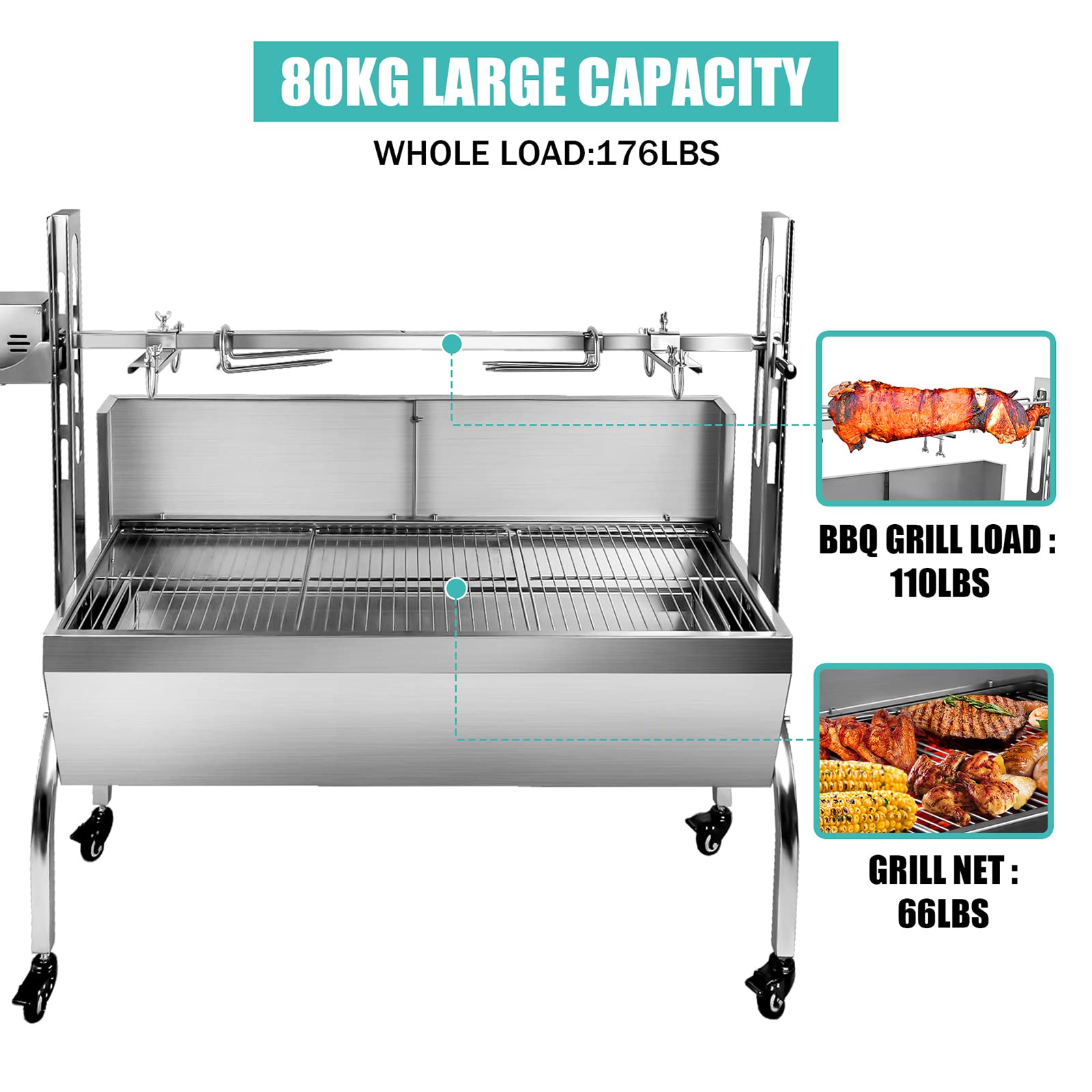 176 LBS Stainless Steel Charcoal Rotisserie Grill - 48.6