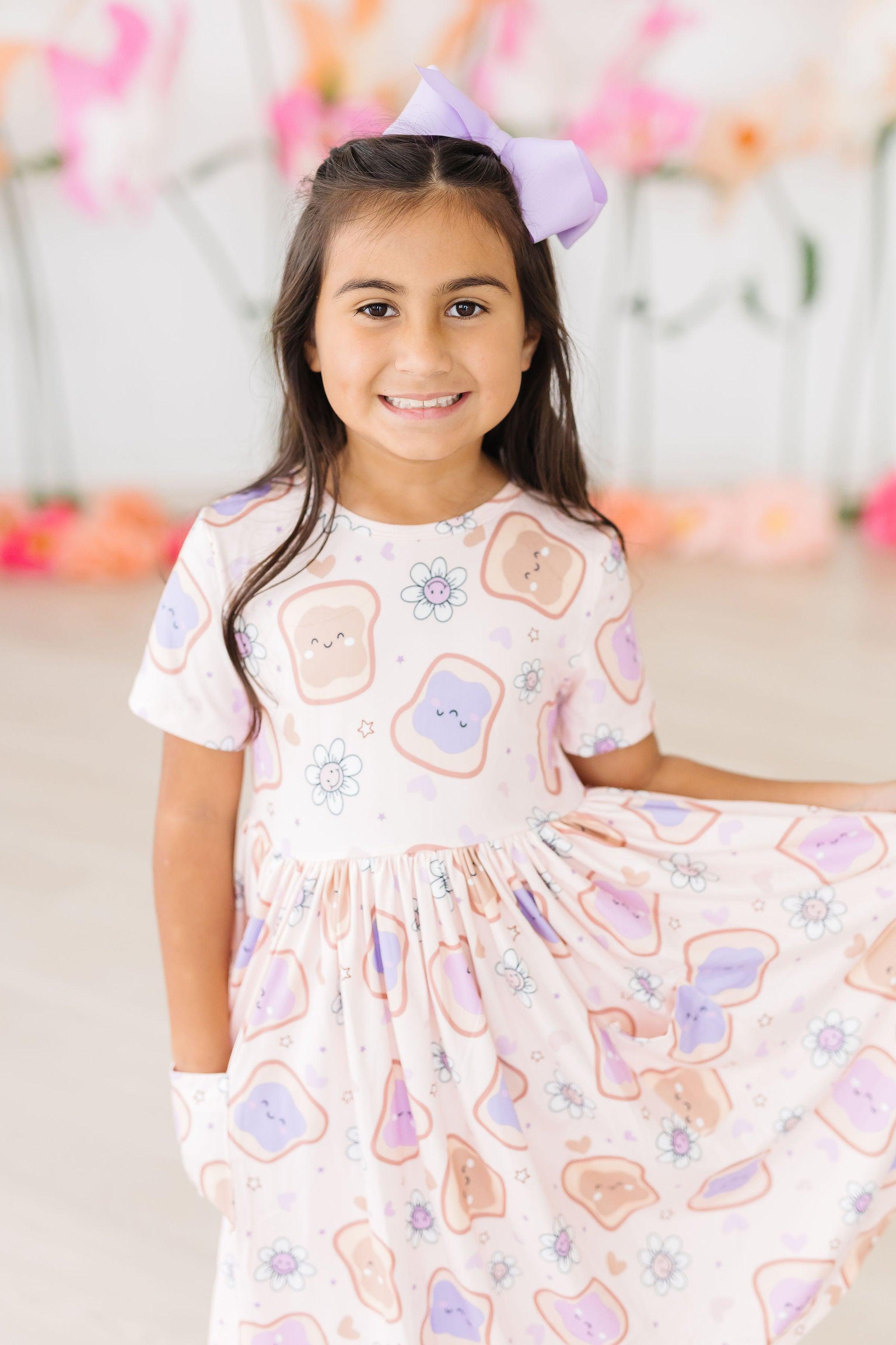 Peanut Butter Jelly Time Short Sleeve Pocket Twirl Dress - Fun Summer Swing Dress for Kids, Parties & Playtime