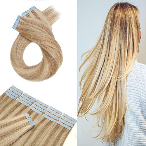 Hairro Tape in Human Hair Extensions 22 Inch Long Straight 100g 40pcs - #18/613 Ash Blonde Mix Bleach Blonde Thin Silky Seamless Skin Weft Glue-in Hairpieces for Volume & Length - Perfect for Parties, Weddings & Daily Styling
