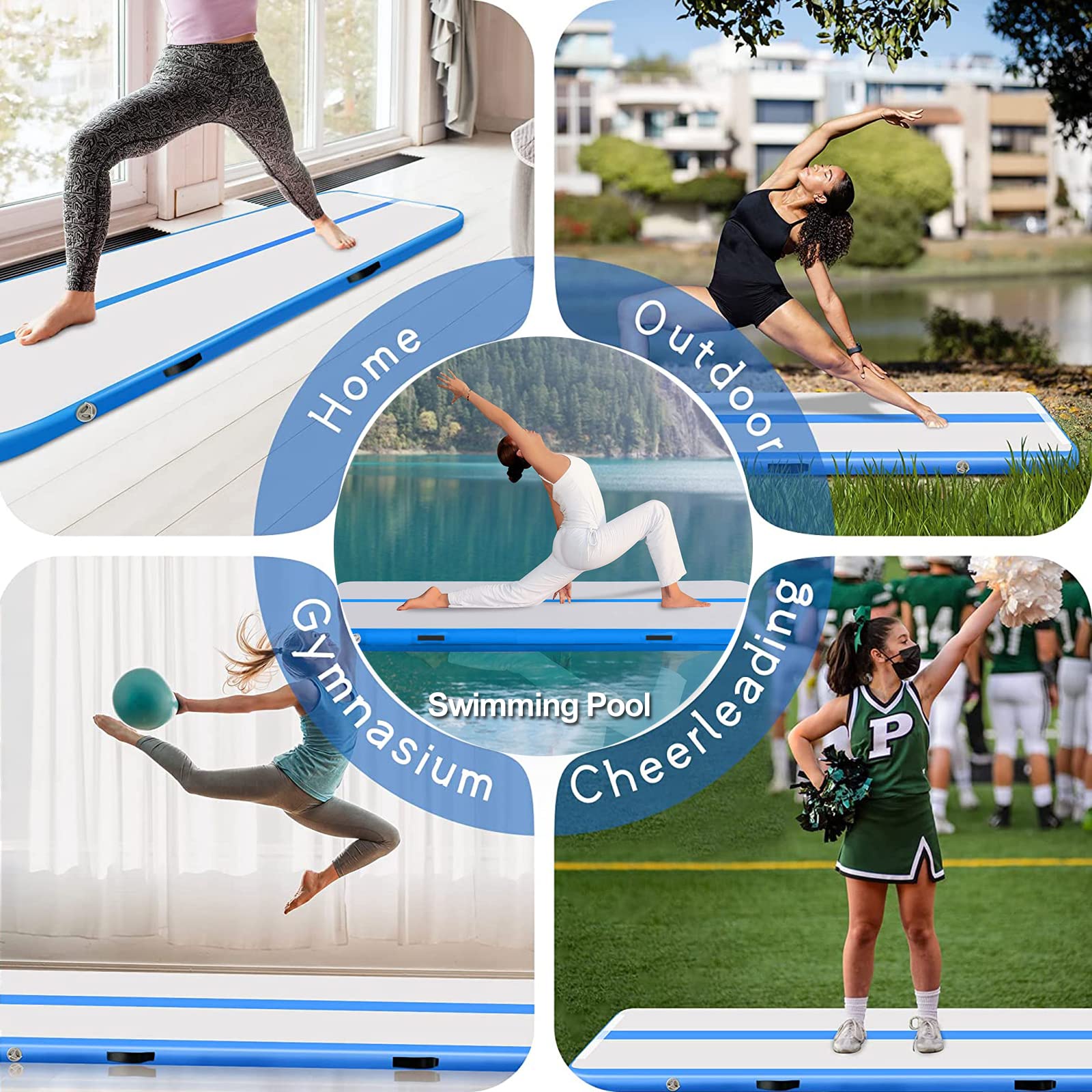 13ft/16ft/20ft Inflatable Air Gymnastics Mat - 4.3ft Wide, 4 Inches Thick Training Mat with Electric Pump for Home Gym, Cheerleading, Yoga & Water Play | Perfect for Kids, Adults & Fitness Enthusiasts