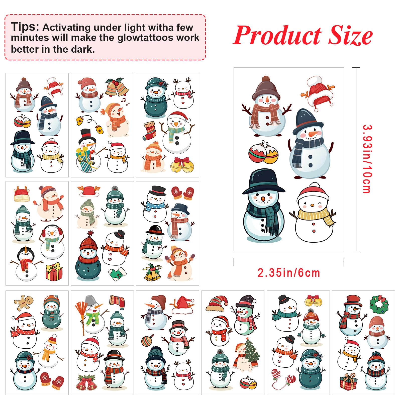 Glow in the Dark Snowman Tattoos - 70PCS Christmas Party Favors for Kids