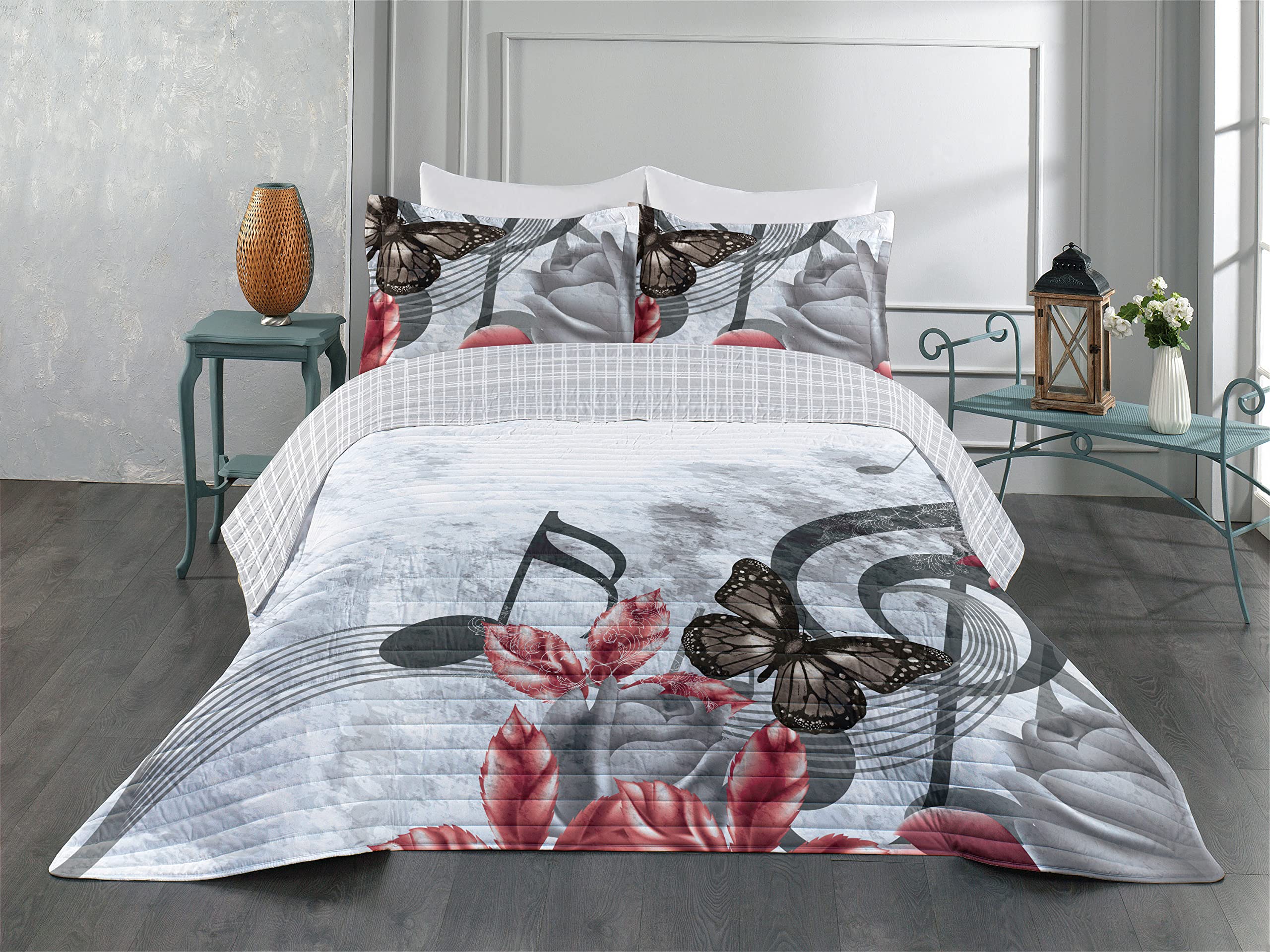 Ambesonne Reversible King Size Bedspread Set with Pillow Shams - Victorian Floral Music Roses Design in Pale Grey | Microfiber Comforter for Romantic Bedroom Decor | Perfect for Master Bedrooms, Guest Rooms & Victorian-Themed Weddings