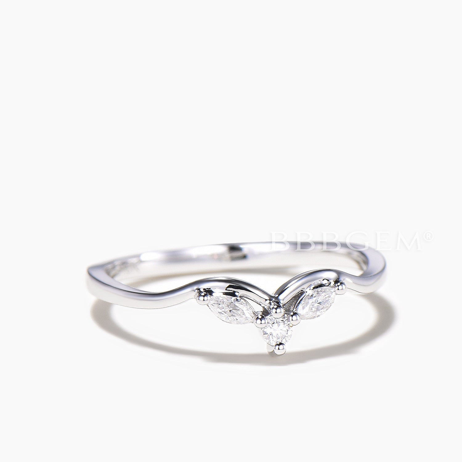 Three Stone Band Mixed Cut Moissanite Diamond Curved White Gold Wedding Ring for Women | Elegant Engagement & Anniversary Jewelry Gift