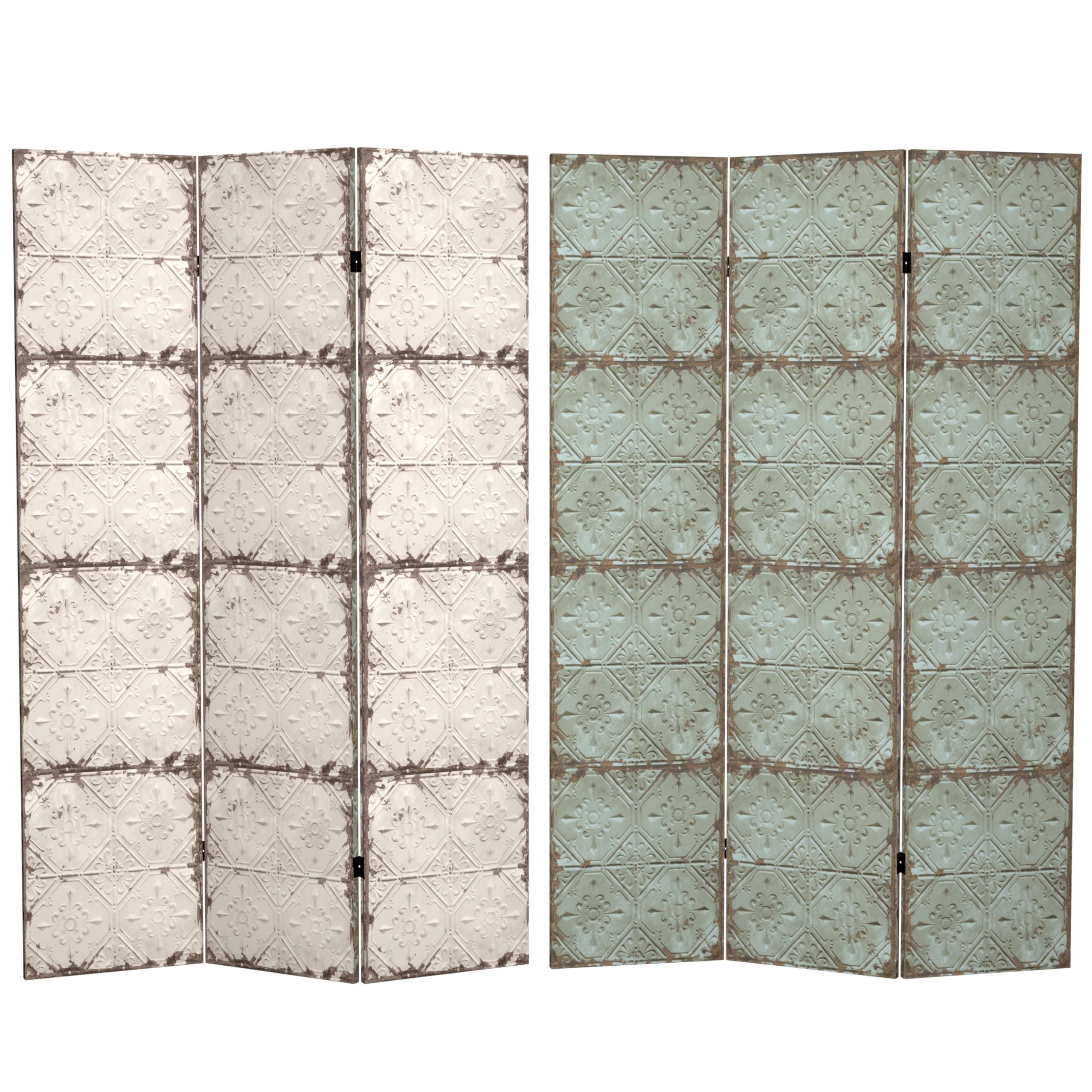 6 ft. Tall Double Sided Antique Grey Canvas Room Divider - Red Lantern Folding Screen for Home Office, Living Room & Bedroom Partition
