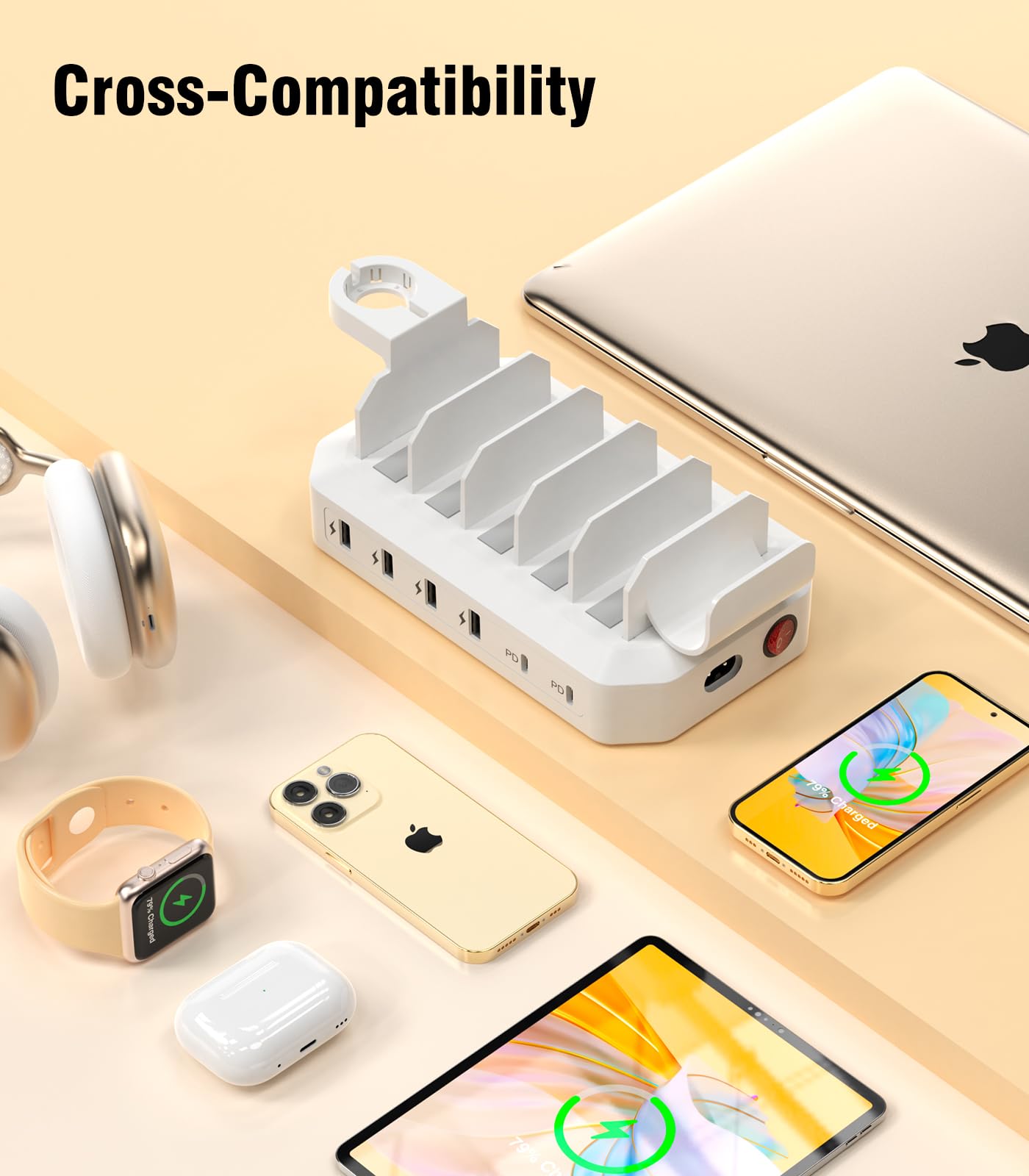 95W 6-in-1 Fast Charging Station with 2 PD Ports & 8 Cables - UL FCC Certified Multi-Device Charger for MacBook, iPhone, Android, iPad, Tablet, Kindle - Perfect for Home, Office, Travel & Nightstand Charging