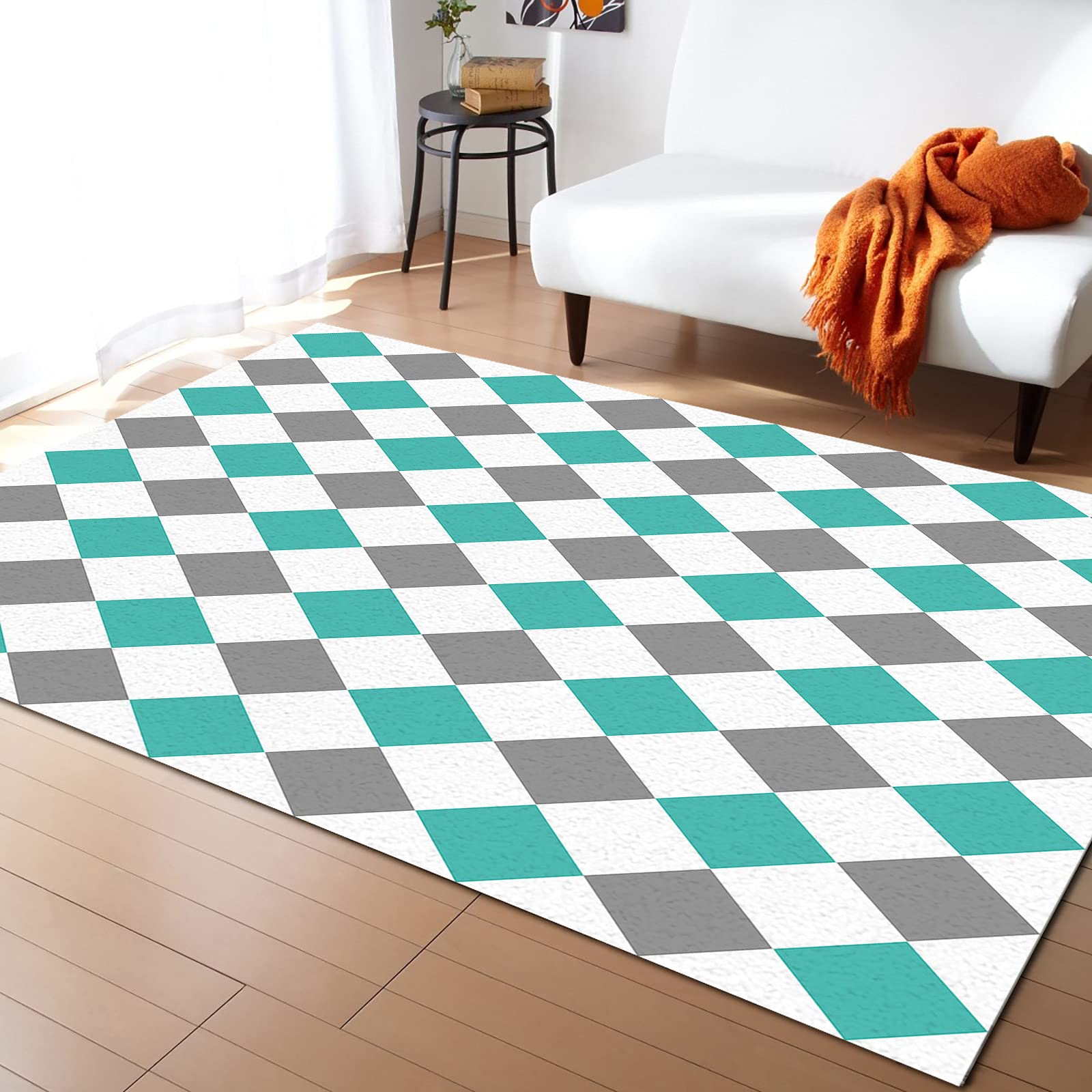 Modern 4' x 6' Large Area Rug - Non-Slip Washable Floor Carpet in Watercolor Green & Gray Diamond Pattern | Perfect for Living Room, Bedroom, Kitchen, Bathroom & Outdoor Use