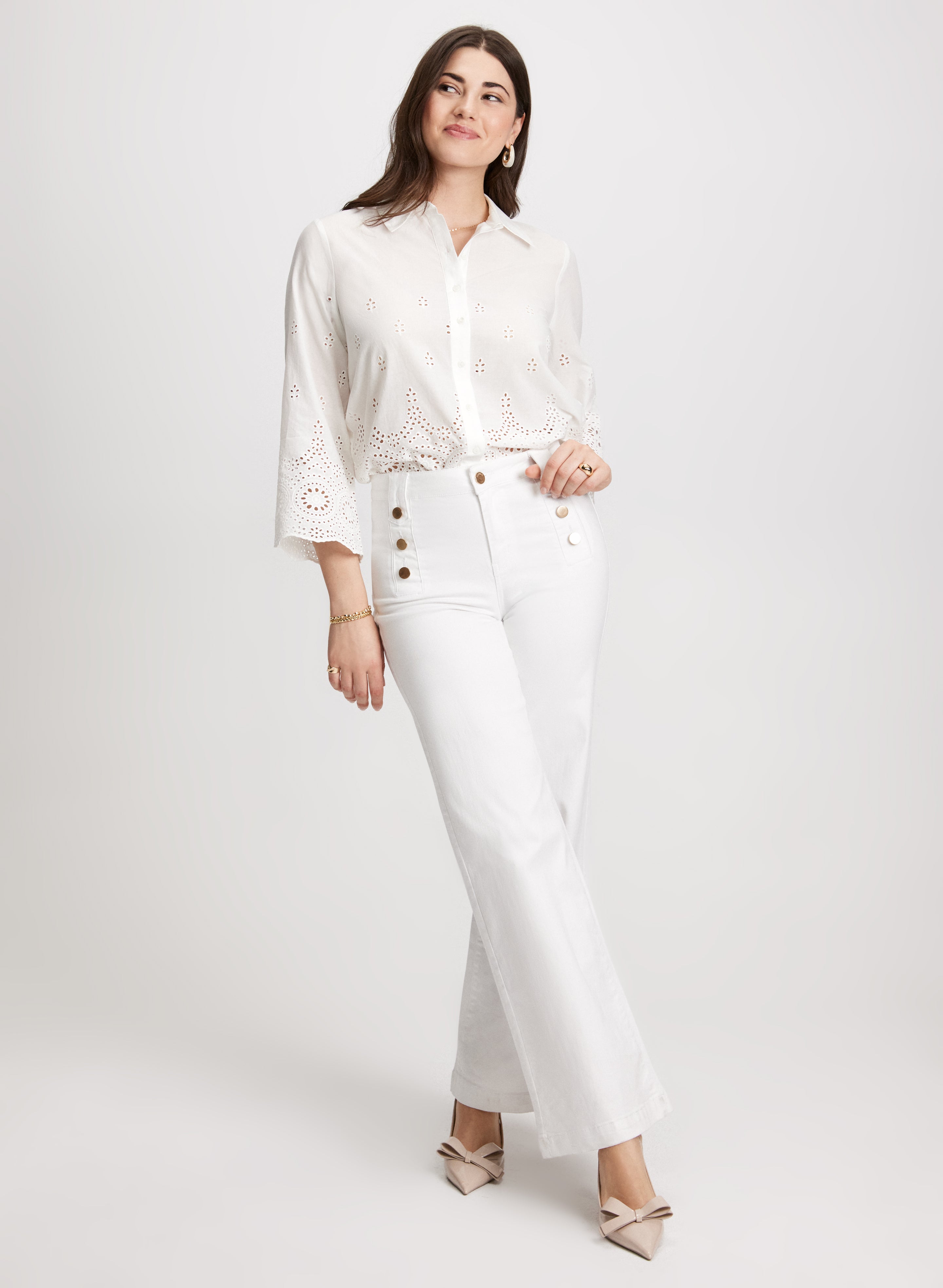 Elegant Eyelet Detail Button Down Blouse for Women - Stylish Office & Casual Wear - Perfect for Work, Dates & Summer Outfits
