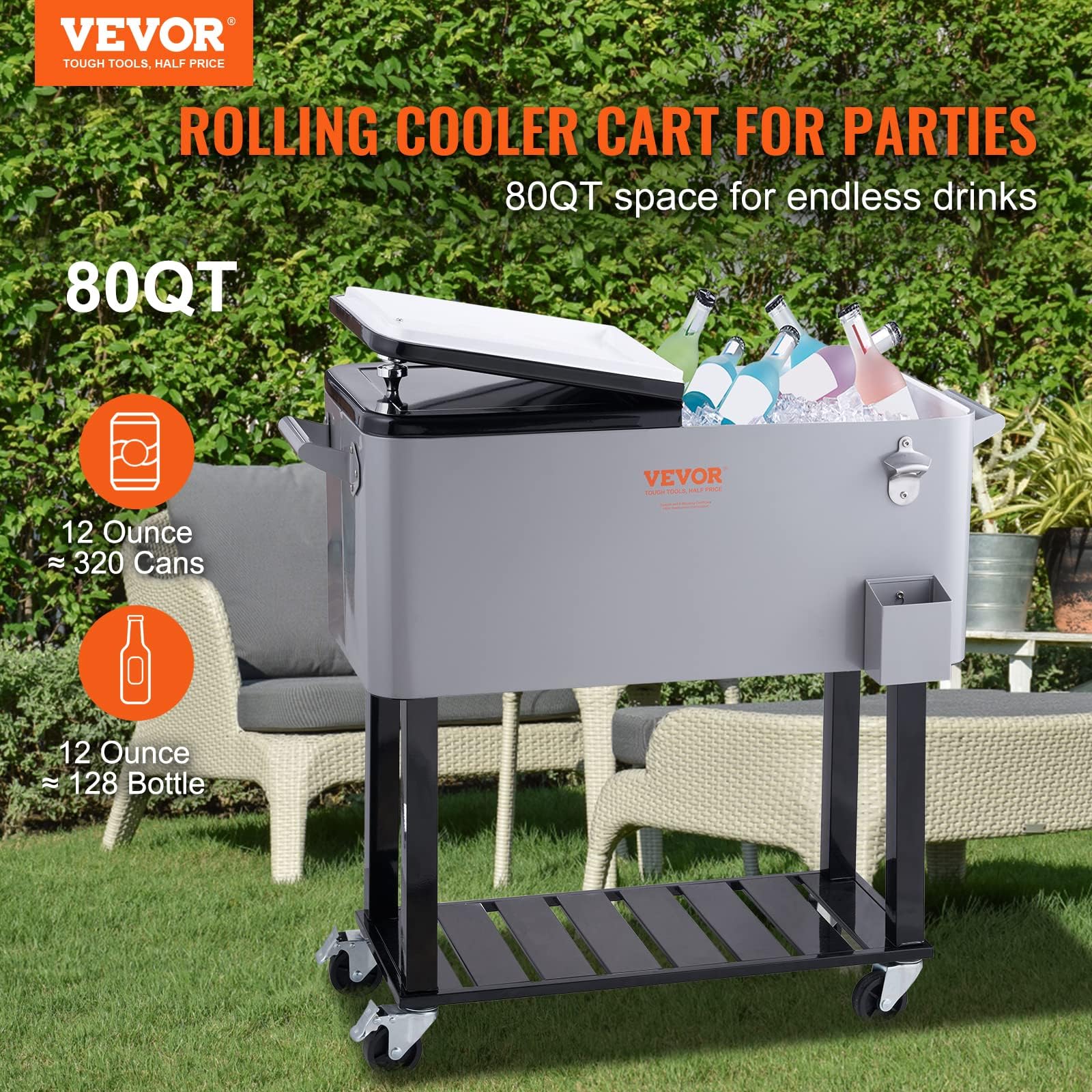 VEVOR 80 Quart Rolling Ice Chest Cooler Cart with Wheels & Handles - Portable Beverage Cooler for Drinks, Beer, Wine - Outdoor Bar Cart for Patio, Backyard, Pool Parties, Camping & Tailgating - Includes Bottle Opener (Silver)