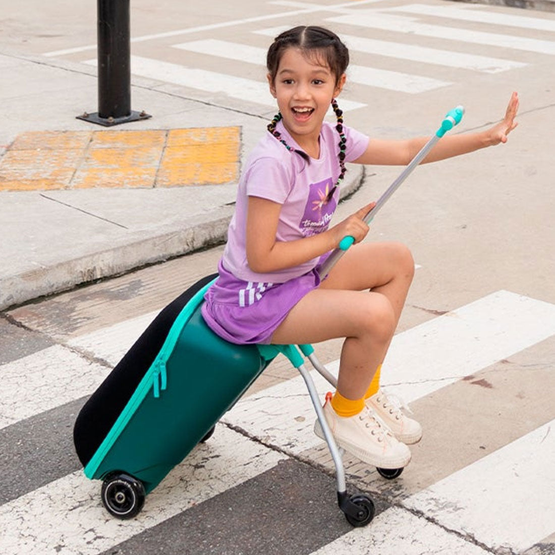 Micro Ride On Luggage Eazy - Forest Green Kids Travel Suitcase with Wheels for Airport & Family Vacations
