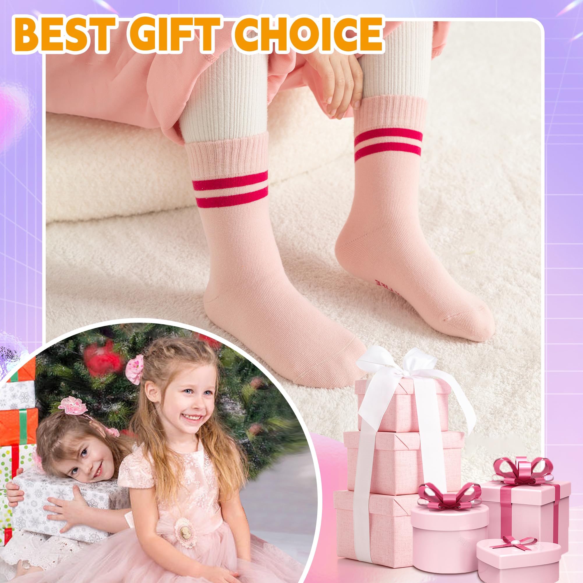 Eyean Girls Cotton Crew Socks - 6 Pairs Pack of Breathable Kids Dress Socks for School, Party & Everyday Wear | Cute Youth Ankle Socks for Toddlers & Little Girls