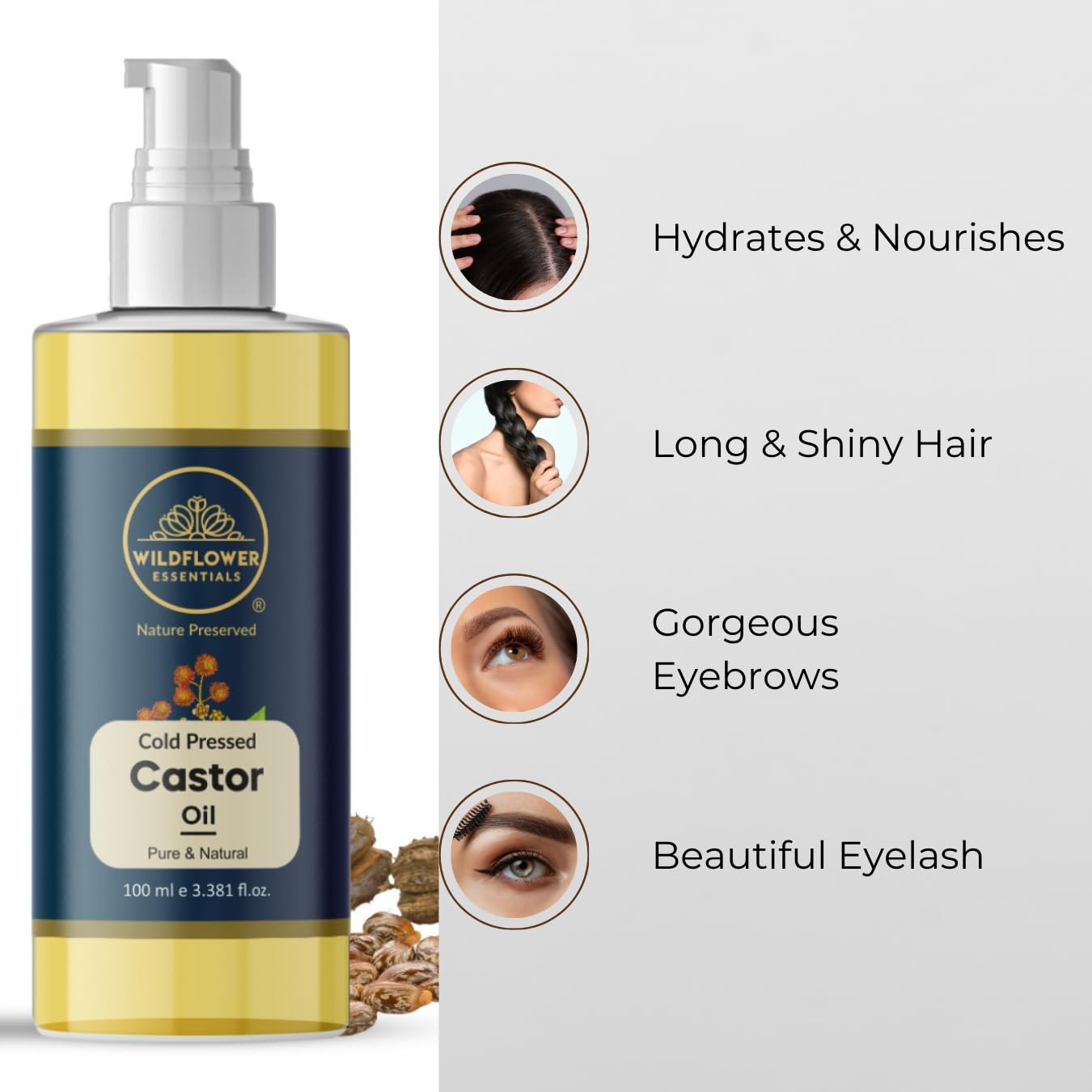 Organic Cold Pressed Coconut Oil & Castor Oil Combo for Hair Growth, Eyebrow & Beard Care, Skin Moisturizer - 100% Pure Natural Hair & Body Treatment (100ml + 100ml) - Perfect for DIY Beauty, Massage & Natural Hair Regimen