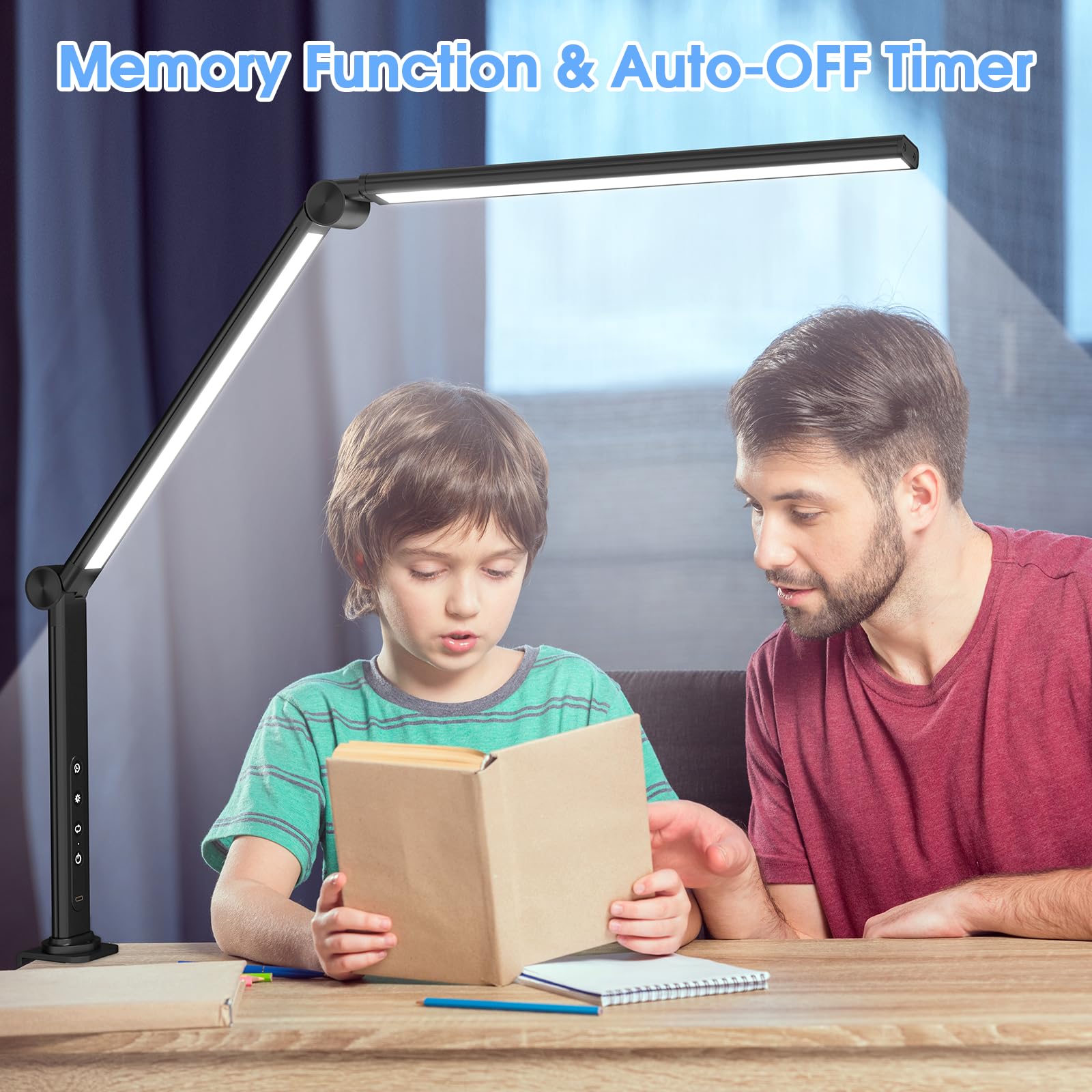 ShineTech LED Architect Desk Lamp with Clamp - Dual Light Sources, 4 Color Temperatures & 5 Brightness Levels - Modern Adjustable Office Table Light for Home, Study, Reading & Workstation Use