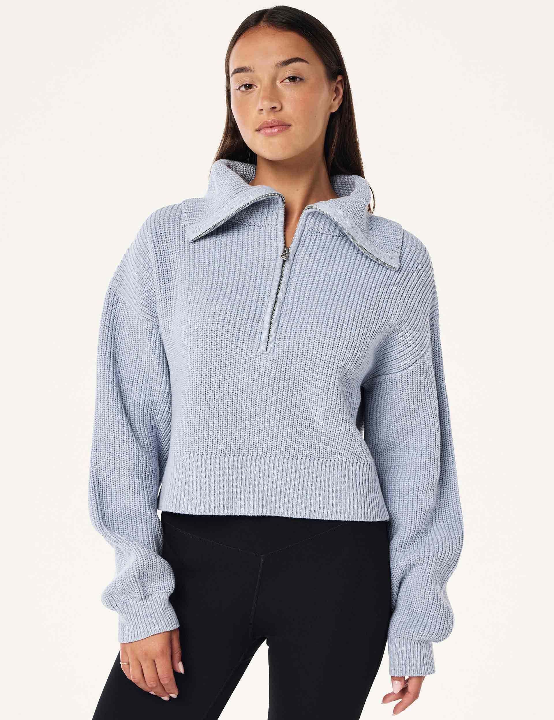 High Season Zip Neck Knit Sweater - Ice Blue | Warm Winter Pullover for Women | Perfect for Casual Outfits & Office Wear