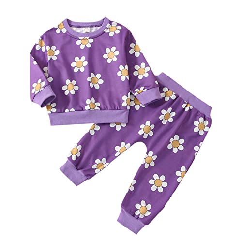 MLPEERW Baby Girl Cute Ribbed Waffle Floral Ruffle Long Sleeve Pullover Top & Pants Set - Spring Outfits for Toddlers & Infants - Perfect for Playdates, Easter Photos & Family Gatherings