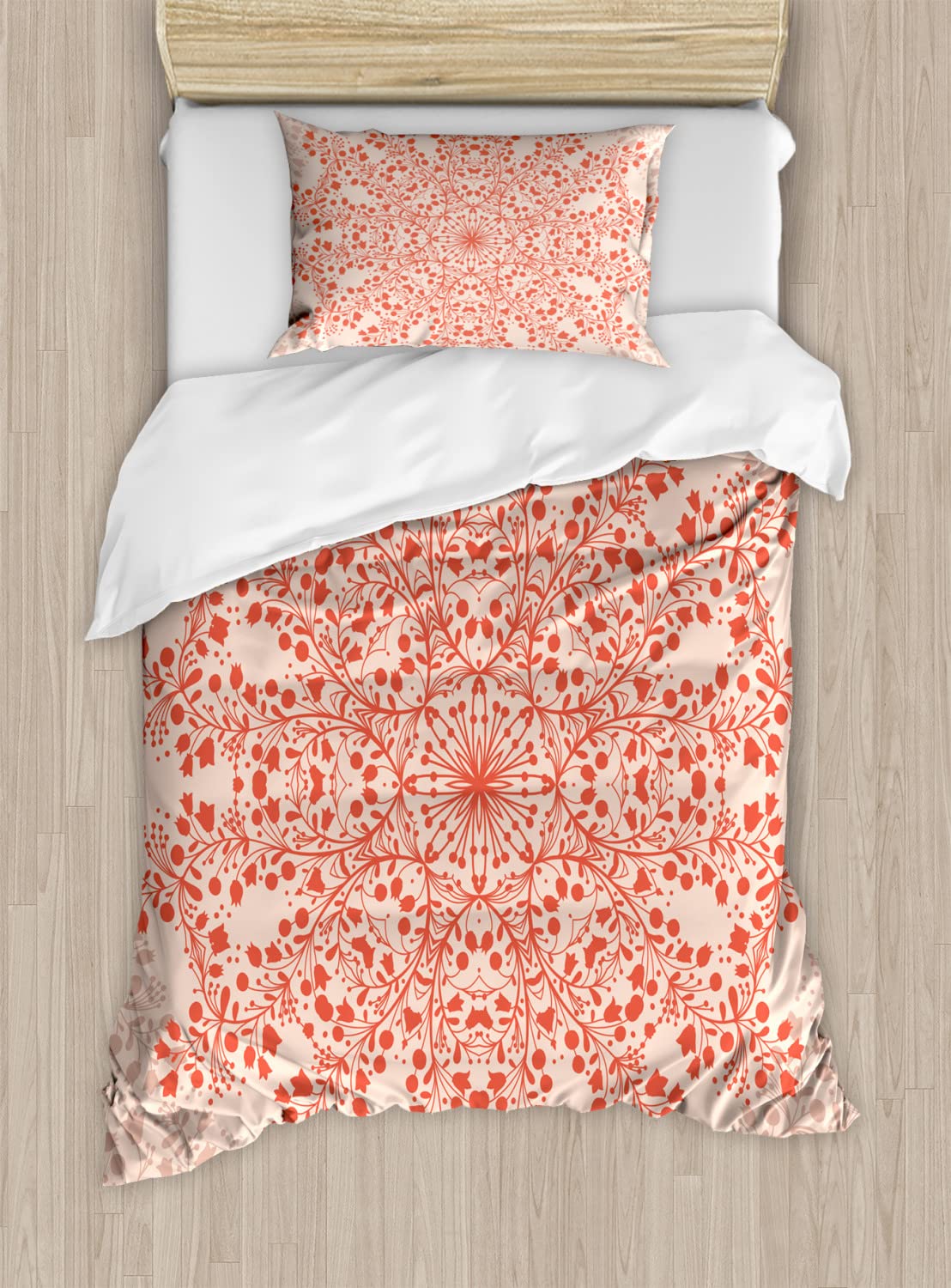 Ambesonne Mandala Duvet Cover Set - Bohemian Wild Flower & Twig Round Bouquet Pattern, 2-Piece Cal King Bedding Set with 4 Pillowcases (Peach Salmon) for Master Bedroom & Guest Room Decor