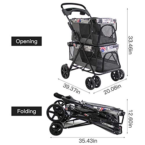 La La Pet® Portable Double-Layer Folding Pet Stroller with Removable Cup Holder & Storage Basket - 4-Wheel Dog Pushchair for Small Dogs & Cats - Breathable Travel Carrier for Outdoor Walks, Shopping & Vet Visits (Deep Blue)