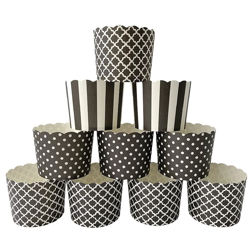 90-Pack 6 Oz Disposable Paper Baking Cups - Greaseproof Cupcake & Muffin Liners for Birthday, Baby Shower, Party Decorations - Black Vertical Polka Dot & Quadrafoil Design - Perfect for Home Baking, Holiday Treats & Special Occasions