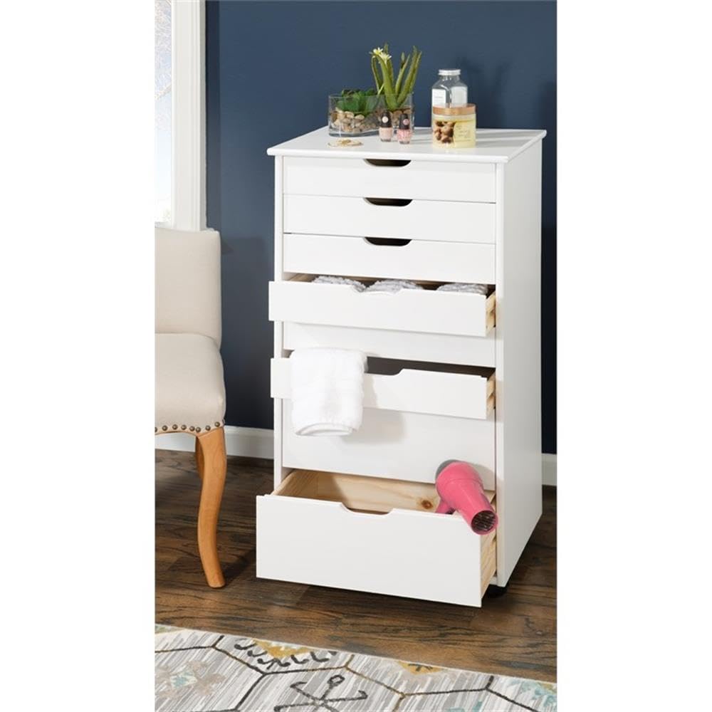 8-Drawer White Wash Wood Storage Cart - Transitional Style Organizer for Bedroom, Bathroom, or Office Storage