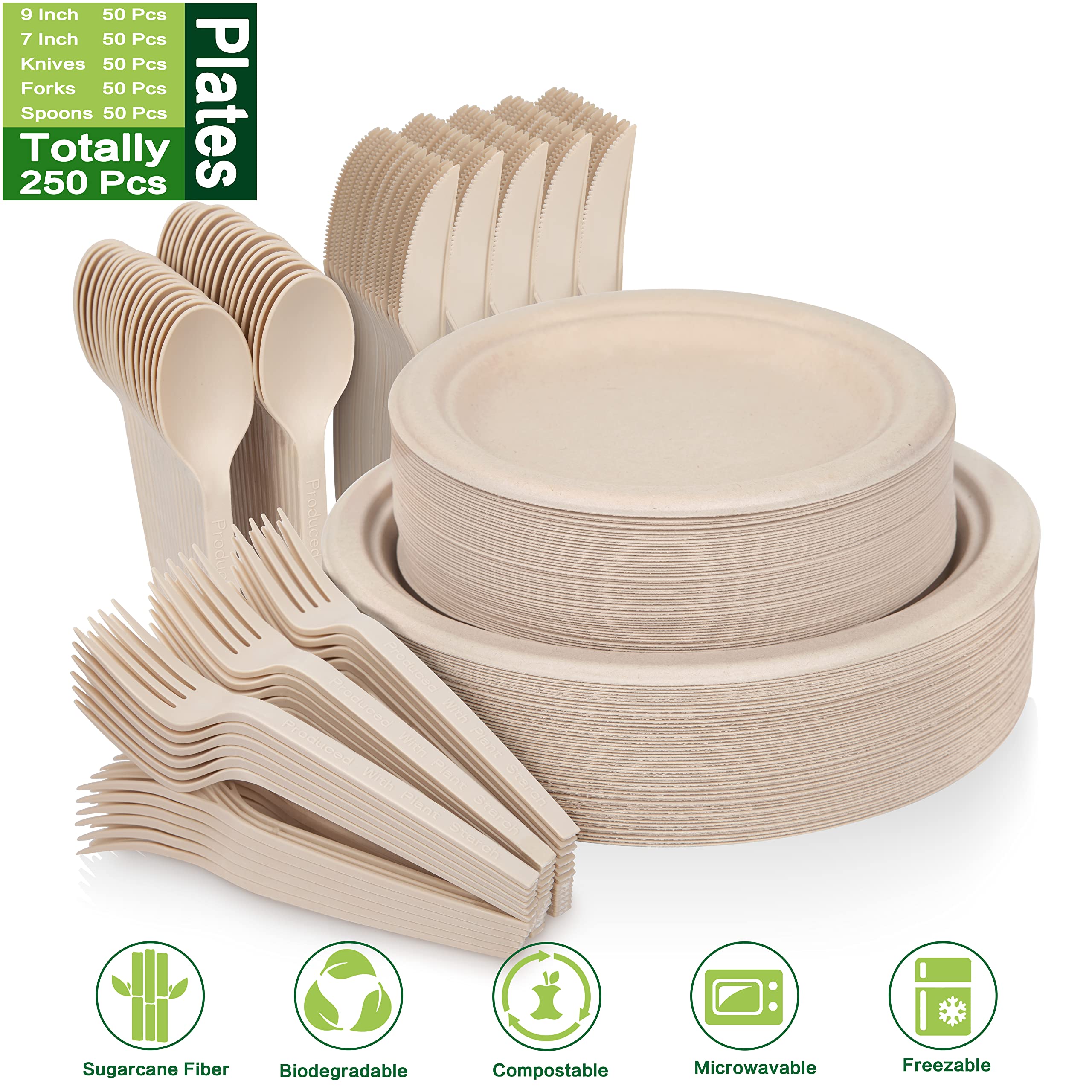 250-Piece Biodegradable Paper Plates Set with Extra Long Utensils | Eco-Friendly Sugarcane Fiber Disposable Dinnerware | Compostable Plates, Forks, Spoons & Knives for Parties, Camping, Picnics & Outdoor Gatherings