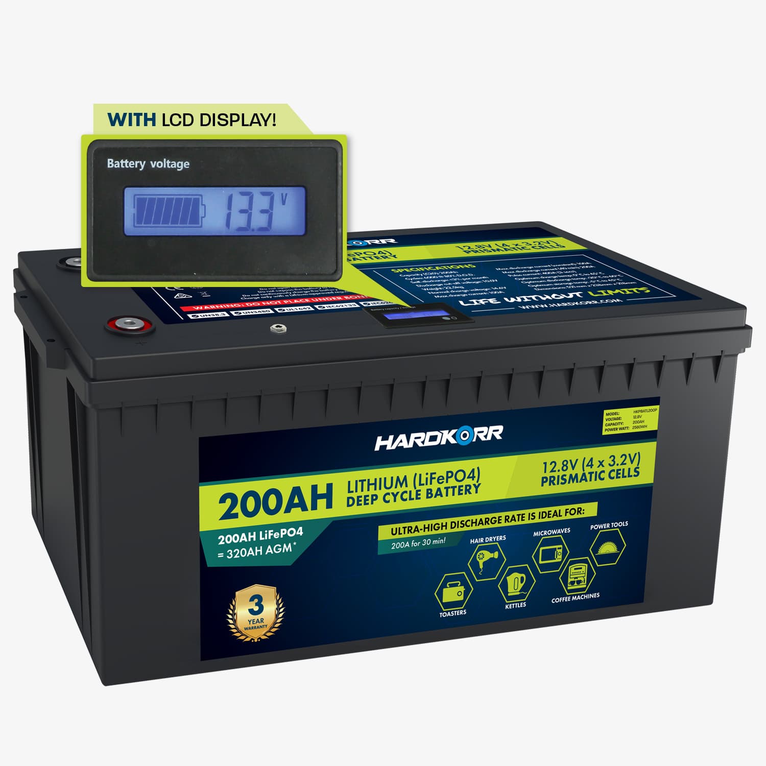 200AH High Discharge LiFePO4 Deep Cycle Battery - 12V Lithium Iron Phosphate Battery for Solar Power, RV, Marine & Off-Grid Applications