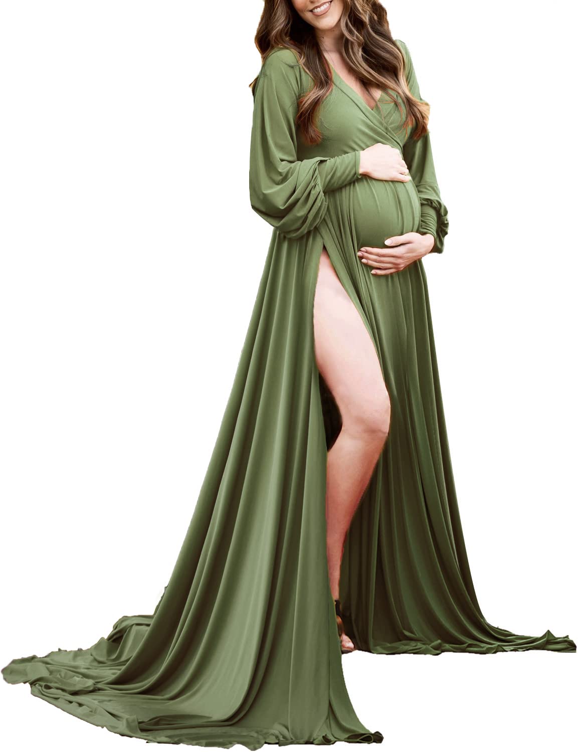 **Dedysler Maternity Gown - Long Sleeve Baby Shower Dress for Photoshoot, Sweetheart Neck Maxi Dress with Wrap Split - Perfect for Maternity Photos, Baby Showers & Pregnancy Announcements**