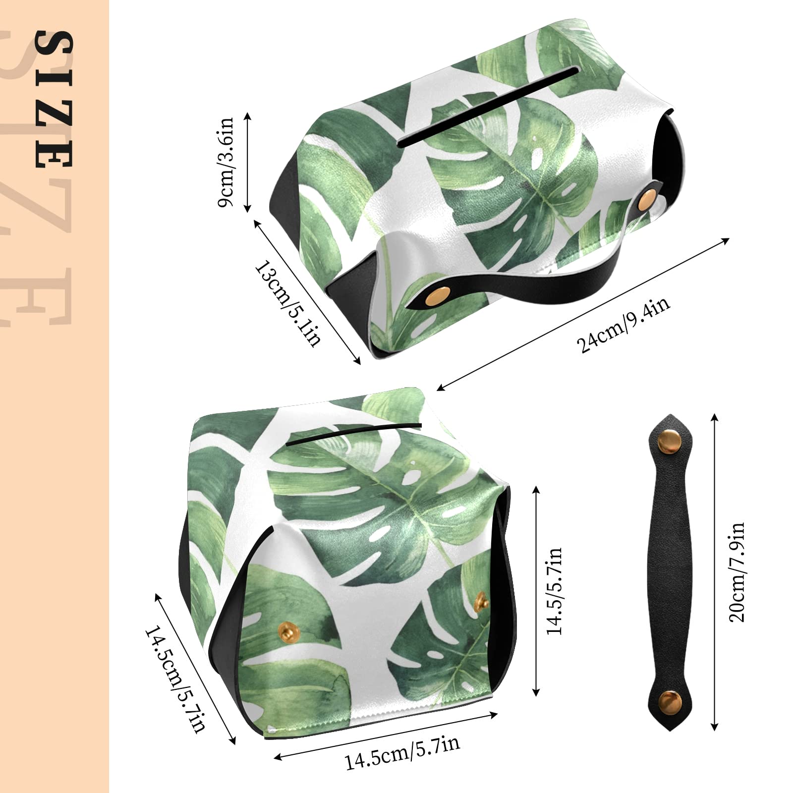 Eco-Friendly Tropical Palm Leaves Leather Tissue Box Cover - Seamless Jungle Design with Handle for Bathroom, Nightstand, Vanity & Office (9.4x5.1x3.6 inches) | Perfect for Home Decor, Car Interior & Gift Giving