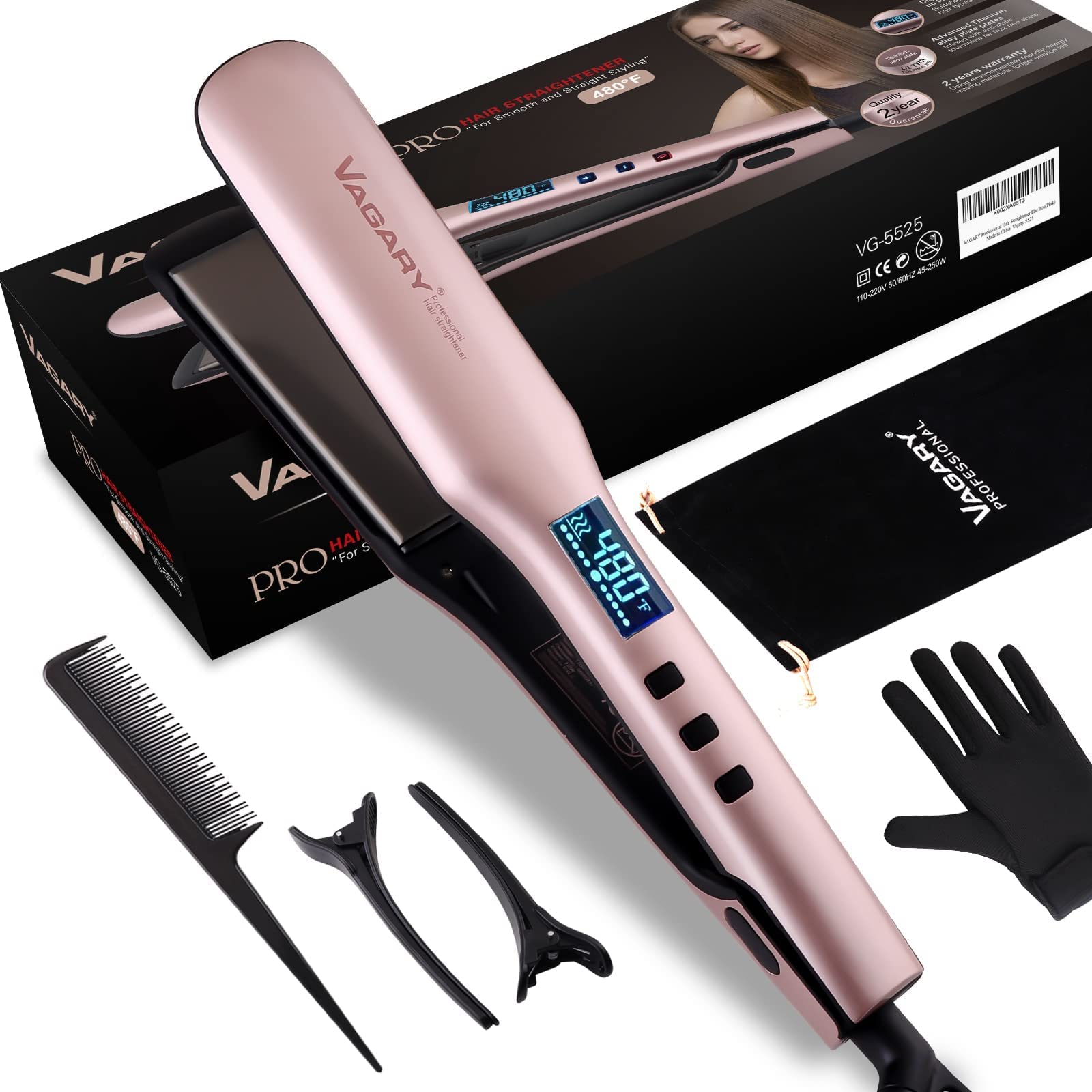 VAGARY 2-in-1 Hair Straightener & Curling Iron with Anion Technology, Adjustable Temperature Flat Iron for All Hair Types (150-450°F) - Perfect for Salon-Quality Styling at Home, Travel & Gifts for Women