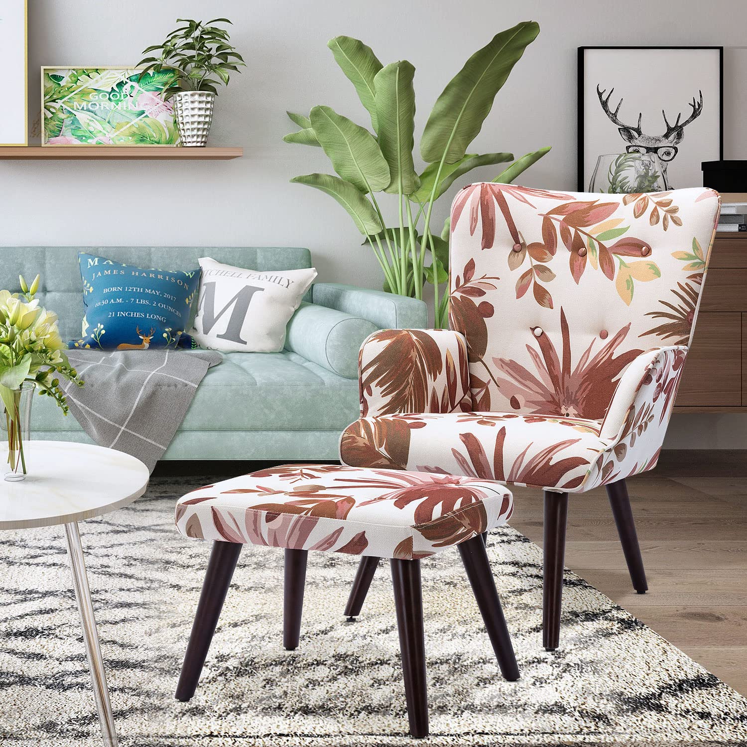 HomVent Velvet Accent Chair with Ottoman Set - Solid Wood Legs Upholstered Armchair for Living Room & Bedroom - Comfy Reading Lounge Chair in Brown - Perfect for Relaxing, Reading or Decorating Your Home
