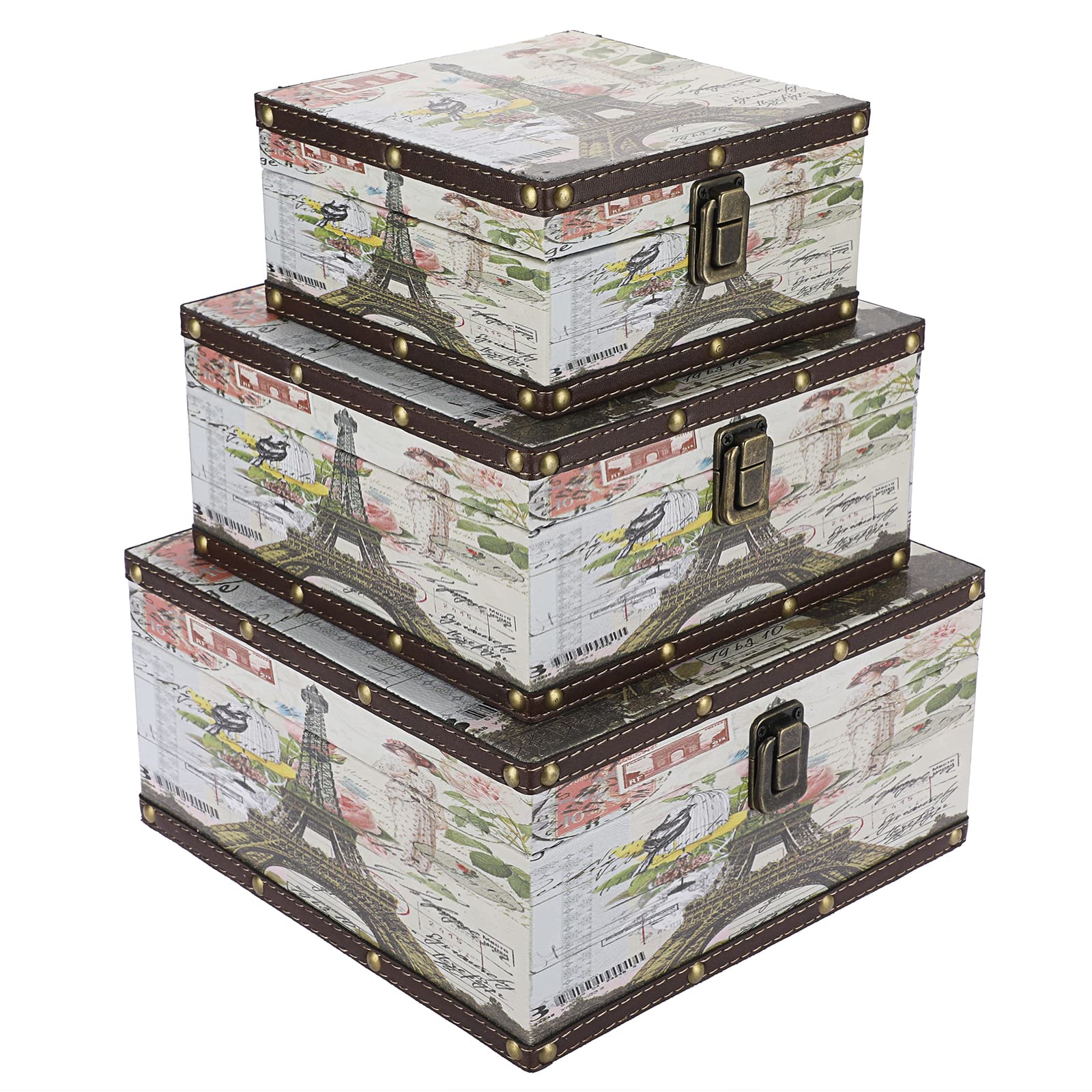 Vintage Wooden Storage Box Set of 3 - Antique PU Leather Treasure Chest with Lid & Latch - Rustic Home Decor Keepsake Box for Jewelry, Photos, Collectibles (Eiffel Tower Design) - Perfect for Home Organization, Wedding Favors & Gift Giving