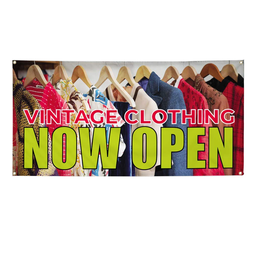 Vintage Clothing Now Open Vinyl Banner - Weatherproof Outdoor Yard Sign with 10 Grommets (60x144 Inches) - Perfect for Store Openings, Events & Industrial Use