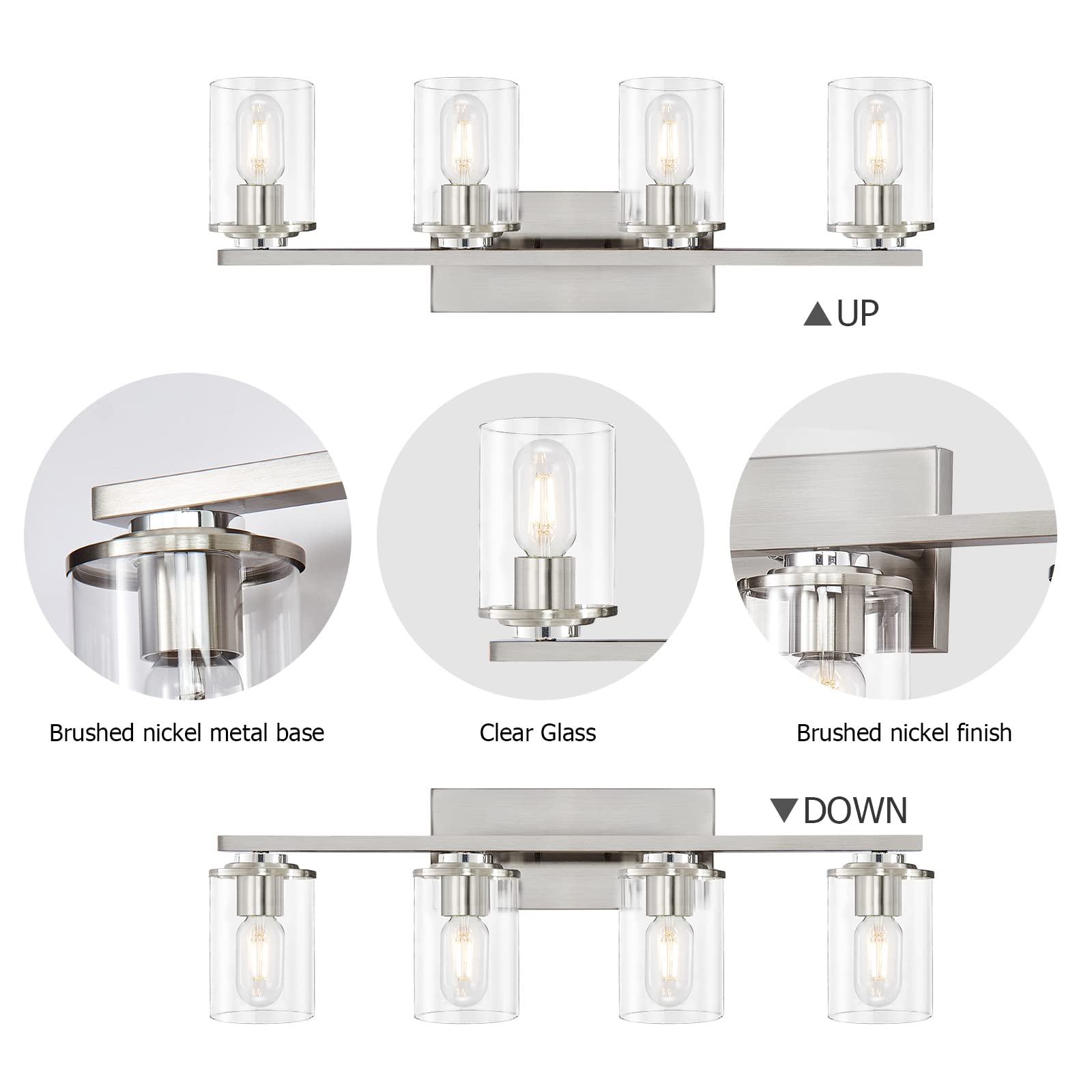 SADENICEL 4-Light Brushed Nickel Bathroom Vanity Lights with Clear Glass Shades - Elegant Wall Sconces for Bathroom Mirror Lighting, Perfect for Modern Home Decor and Spa-Like Ambiance
