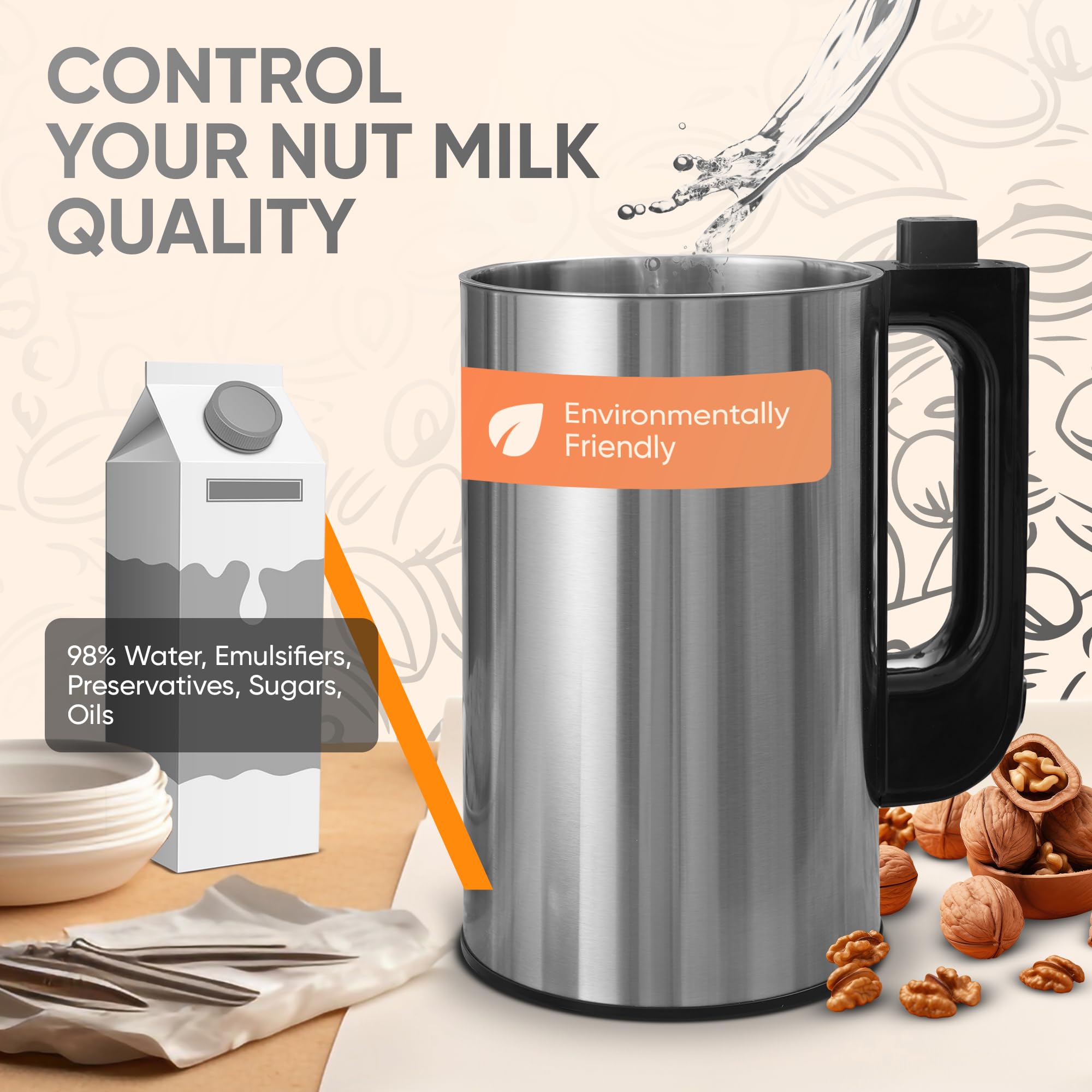 50Oz Automatic Nut Milk Maker - Stainless Steel Almond, Oat & Soy Milk Machine | No Spills, No Straining | Perfect for Vegan, Keto & Dairy-Free Lifestyles | Home Kitchen Essential for Healthy Drinks & Smoothies