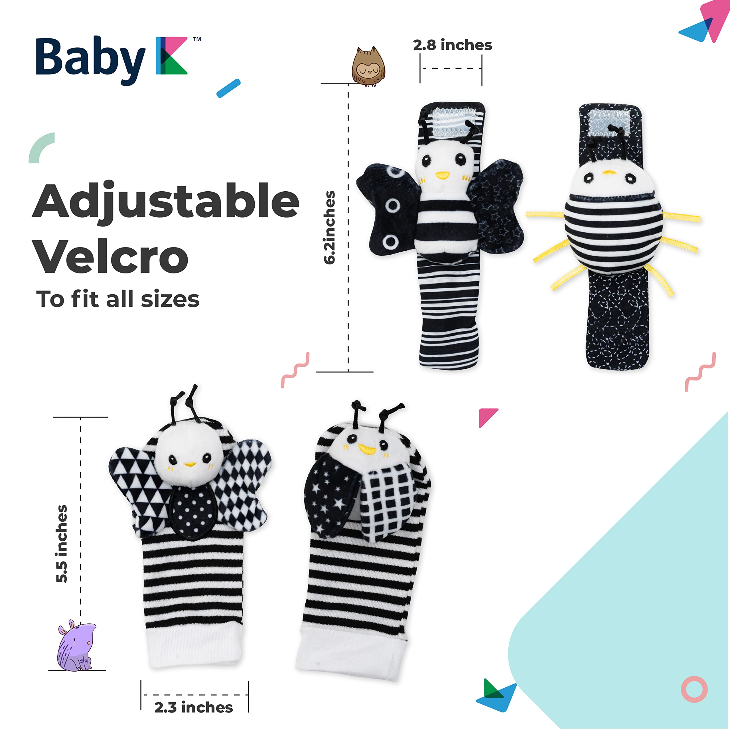 BABY K Baby Rattle Socks & Wrist Toys Set E - Newborn Infant Developmental Toys for Boys & Girls 0-12 Months - Soft Hand & Foot Rattles for Sensory Play & Brain Growth - Perfect Baby Shower Gift for Crawling & Tummy Time Activities