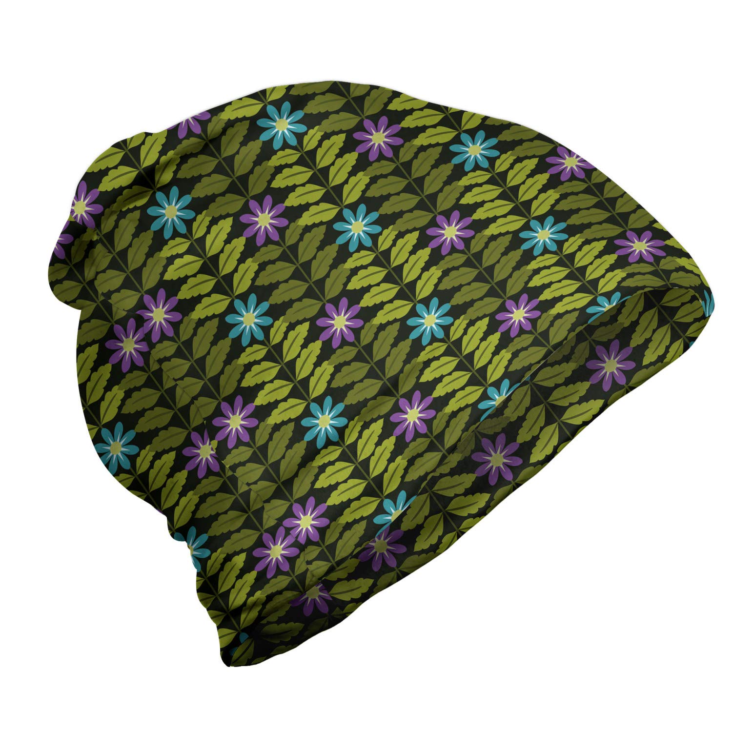 Ambesonne Unisex Winter Beanie Hat - Soft Knit Blue & Purple Floral Design for Men & Women - Perfect for Hiking, Skiing & Outdoor Activities in Cold Weather