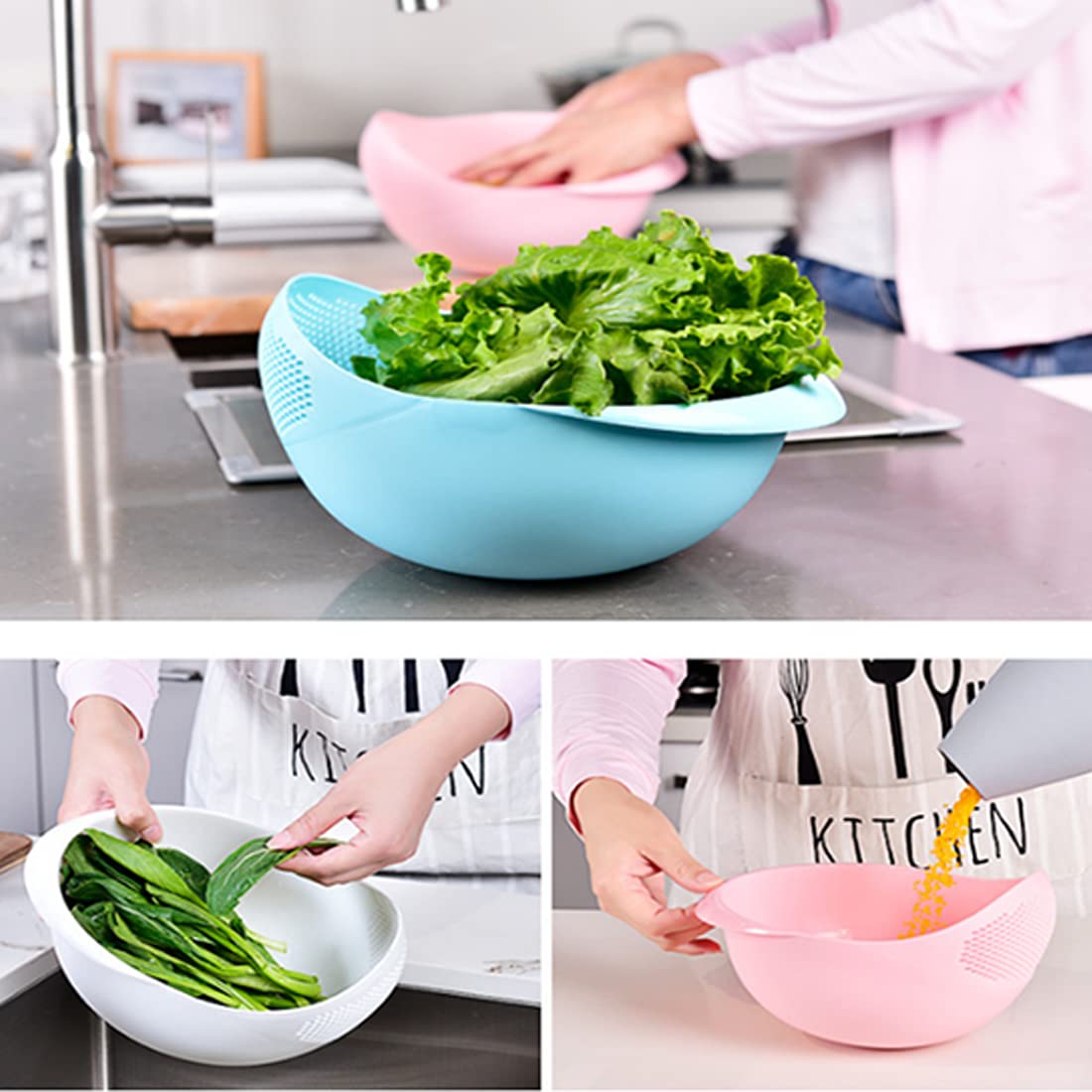 Premium Rice Washer Strainer & Colander - Kitchen Rice Bowl Drain Basket for Washing Rice, Fruits, Vegetables - Pink | Perfect for Meal Prep, Cooking & Healthy Eating