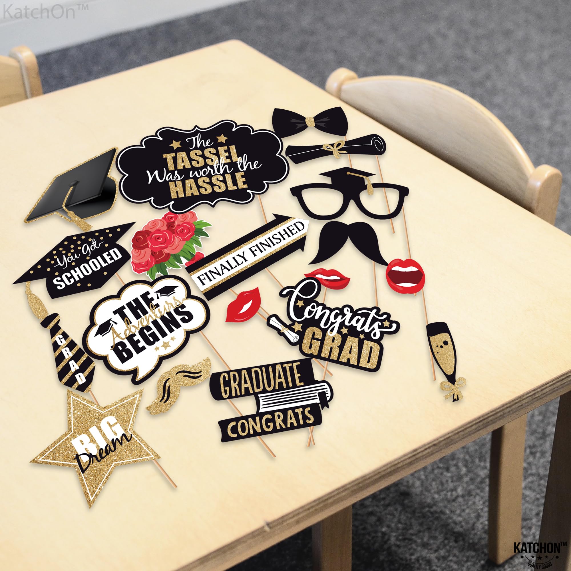 KatchOn 34-Piece Black & Gold Graduation Photo Booth Props Kit - Class of 2025 Decorations for Graduation Parties, Photo Backdrops & Cap Decor | Glitter Photo Booth Accessories for Graduation Celebrations