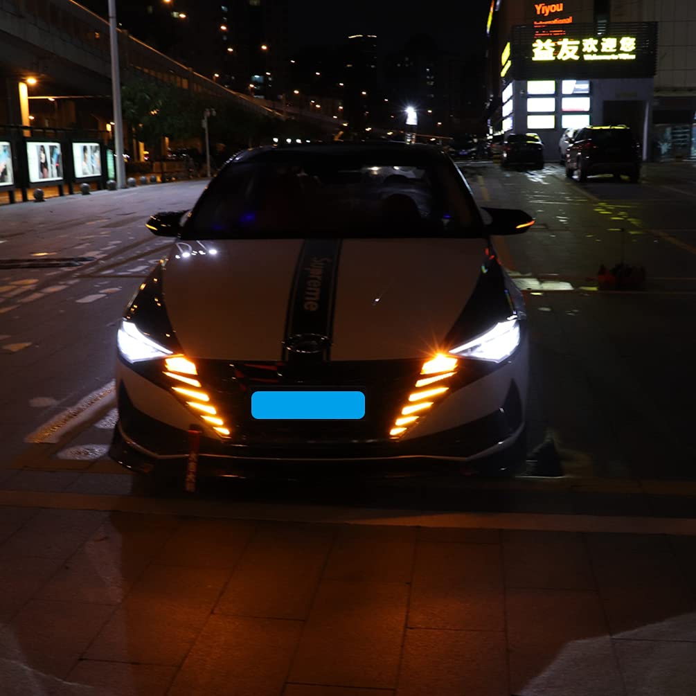 12V LED DRL Daytime Running Lights with Amber Turn Signal - Compatible with Hyundai Elantra 2021 - Front Bumper Grille Fog Lamps & Blue Night Light Accessories - Perfect for Night Driving and Enhanced Visibility