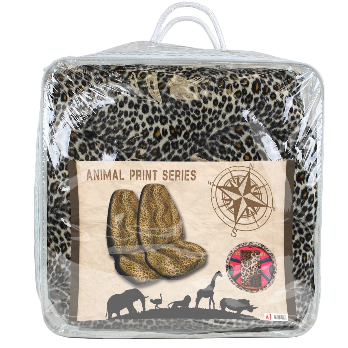9-Piece Safari Cheetah Tan Print Car Accessories Set - 2 High Back Seat Covers, 4 Floor Mats (2 Front & 2 Rear), Steering Wheel Cover & 2 Shoulder Pads - Perfect for SUVs, Trucks & Off-Road Adventures