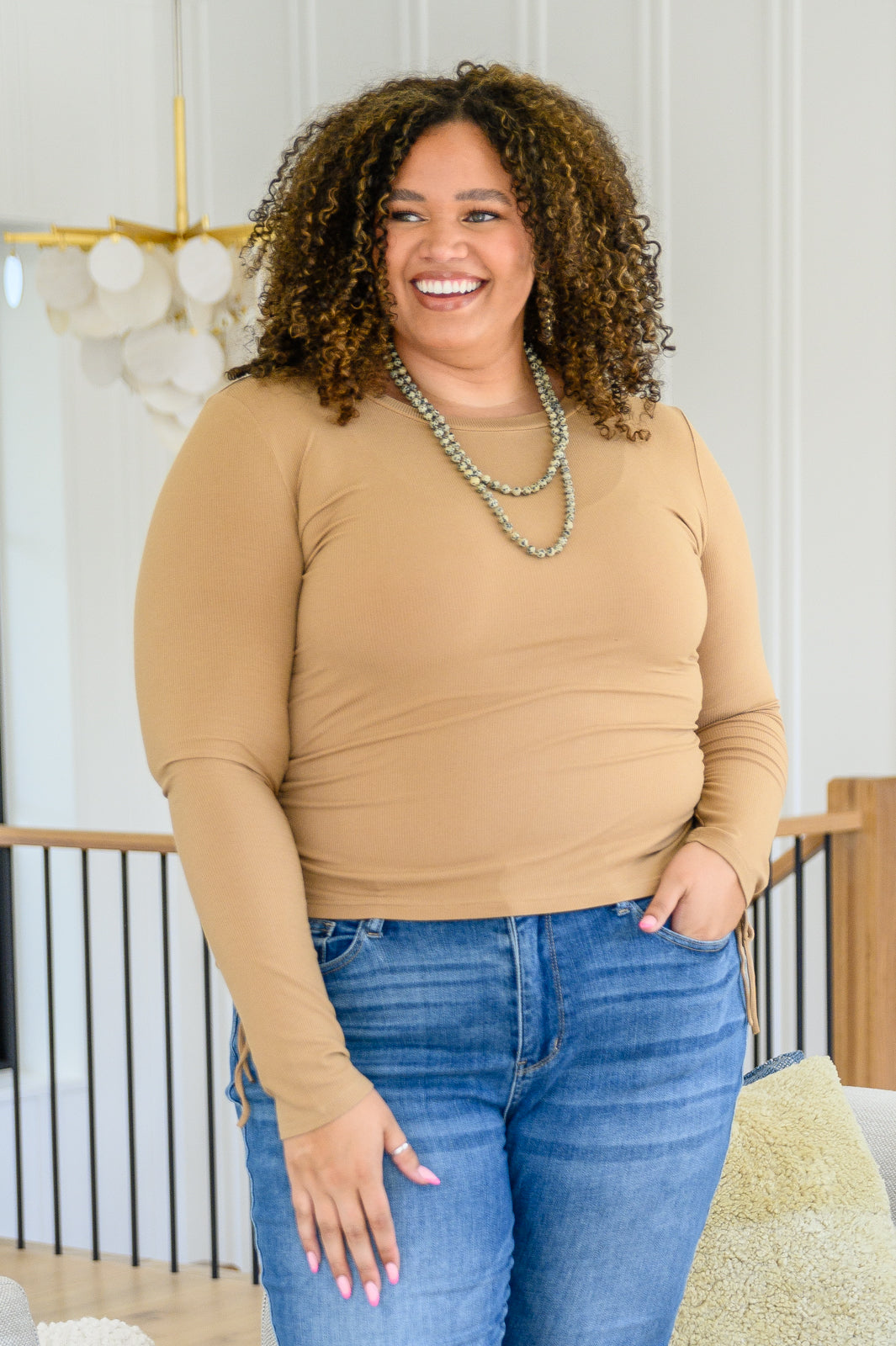 Hold Me Tight Ribbed Long Sleeve Top in Tan - Women's Stretchy Comfortable Basic Shirt for Layering, Casual Wear & Fall Outfits