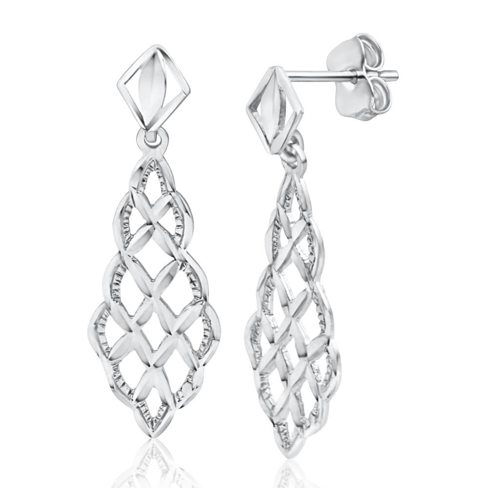 9ct White Gold Filigree Cutouts Stud Drop Earrings - Elegant Dangle Earrings for Women, Perfect for Weddings, Parties & Special Occasions