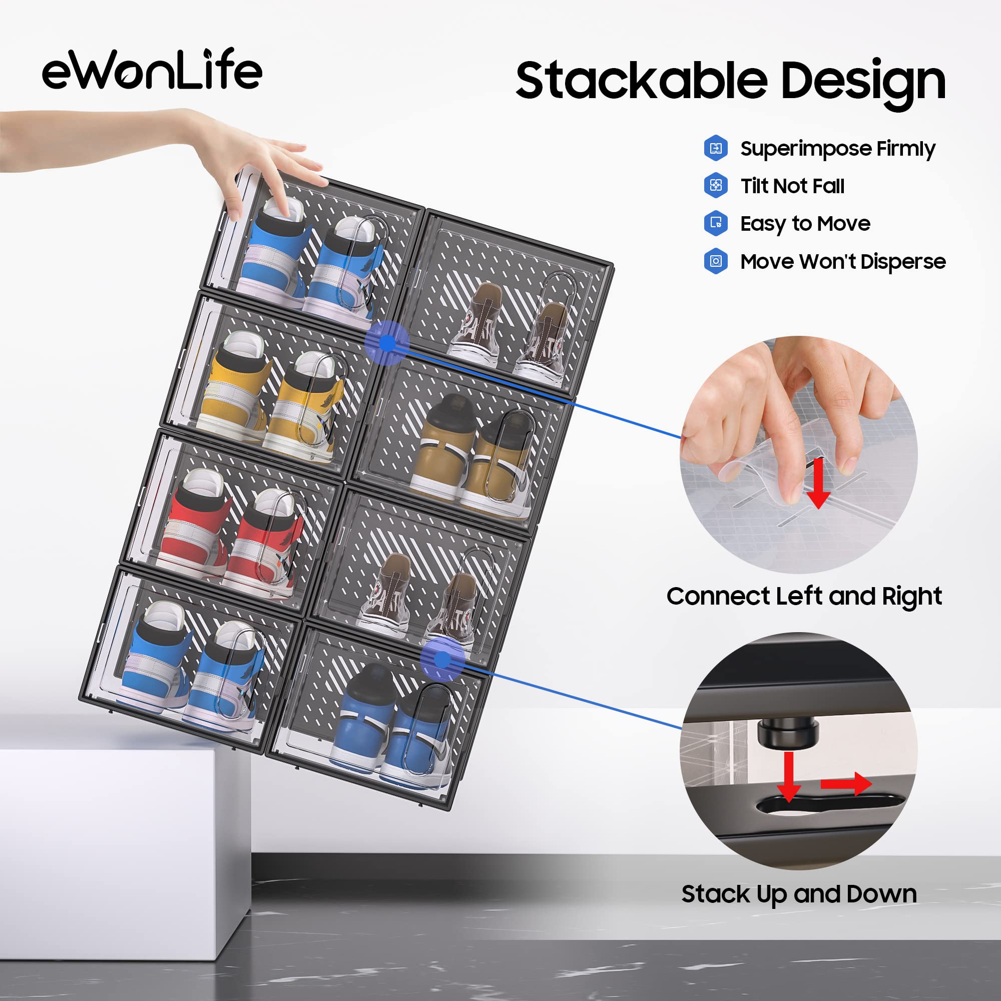 eWonLife 12-Pack X-Large Clear Plastic Stackable Shoe Storage Boxes with Magnetic Door - Organizer for Sneakers, Boots & Heels up to Size 12 - Space-Saving Closet & Entryway Shoe Rack System for Home Organization