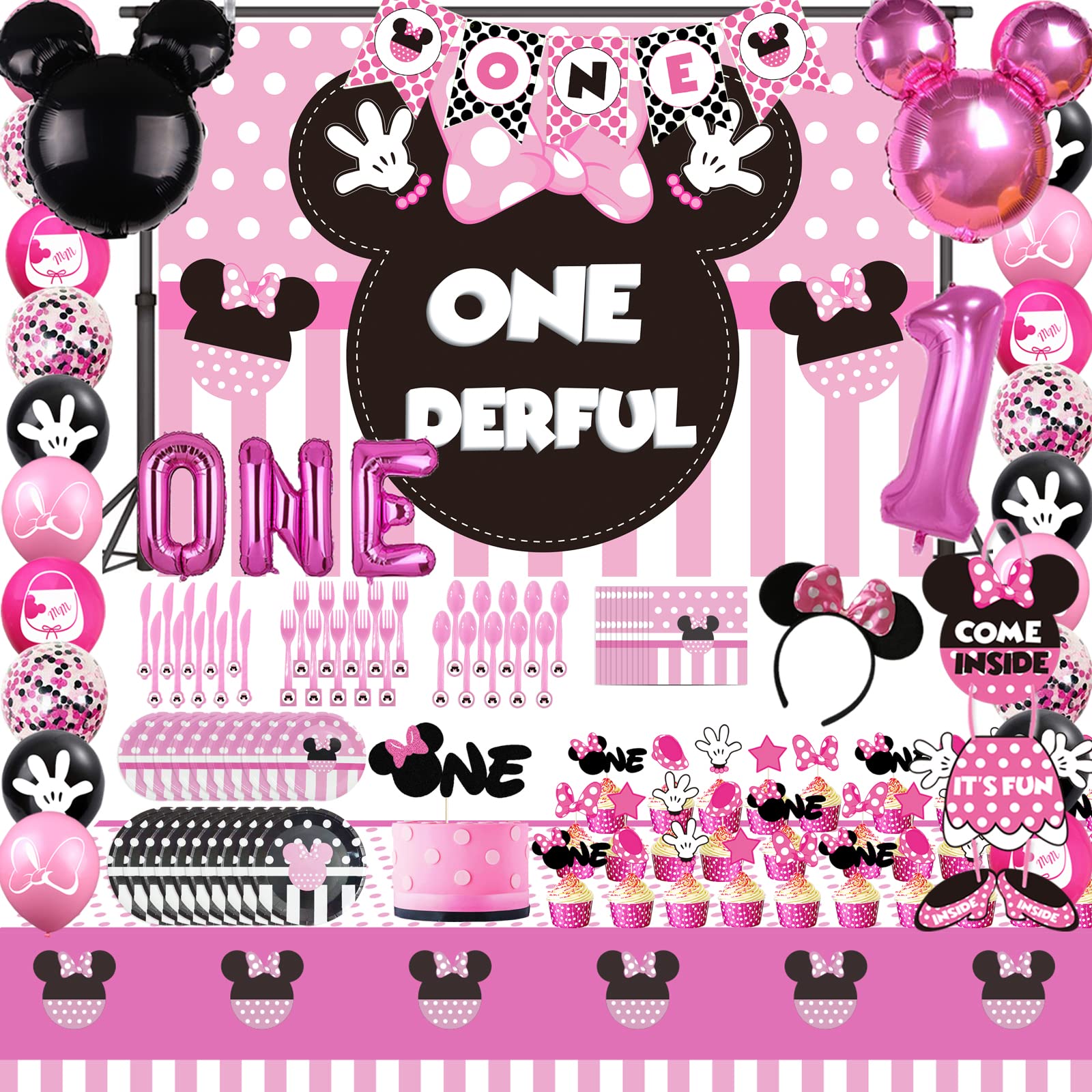 152PCS Minnie Mouse 1st Birthday Party Supplies Set - Includes Backdrop, Tablecloth, Flatware, Plates, Napkins, Cake Toppers & Balloons for Girls Baby Shower & First Birthday Decorations - Perfect for Baby's First Birthday Party, Gender Reveal & Disney Themed Celebrations