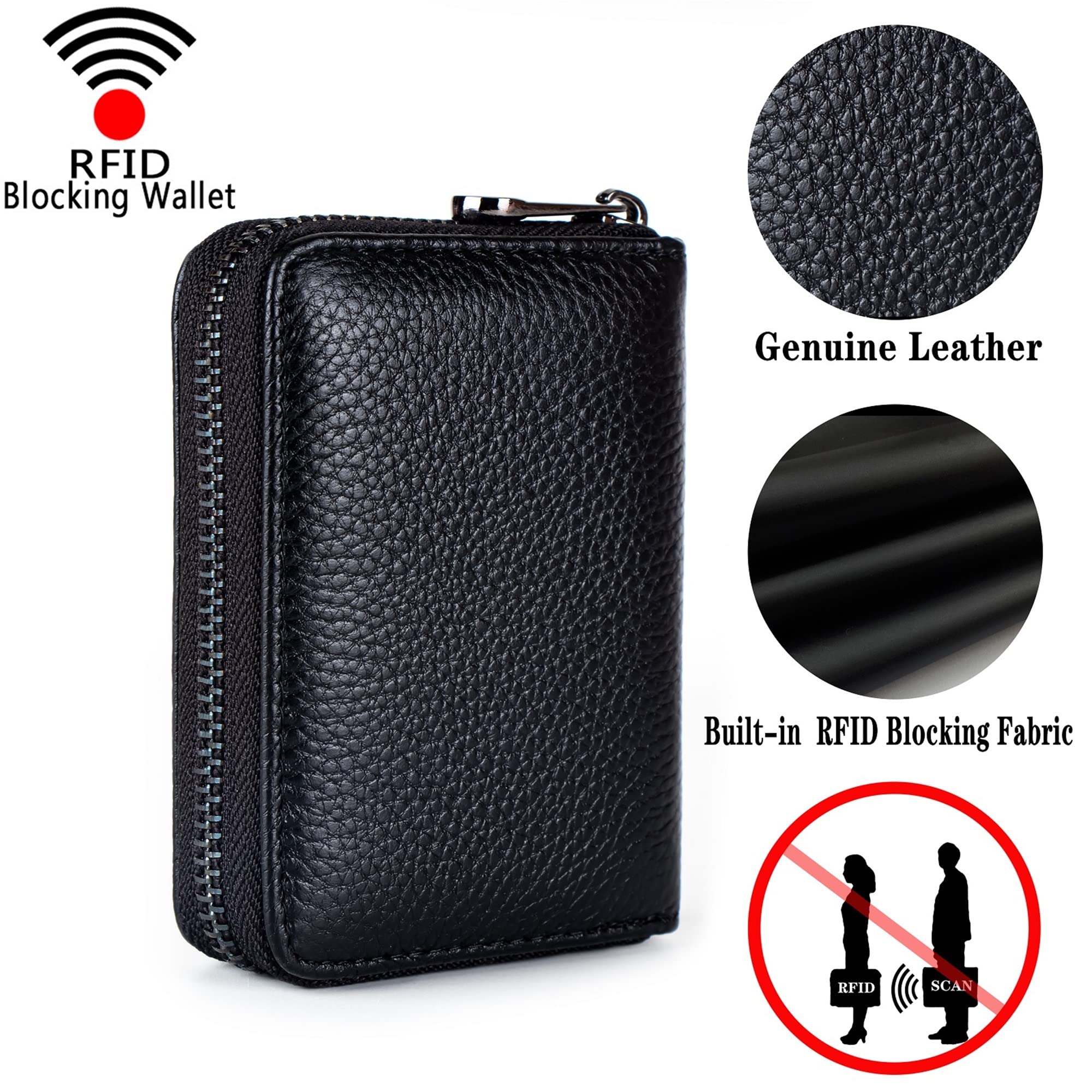 Genuine Leather RFID Blocking Credit Card Holder Wallet - Secure ID Card Case with Zipper Organizer (Black) - Perfect for Travel, Business & Everyday Use