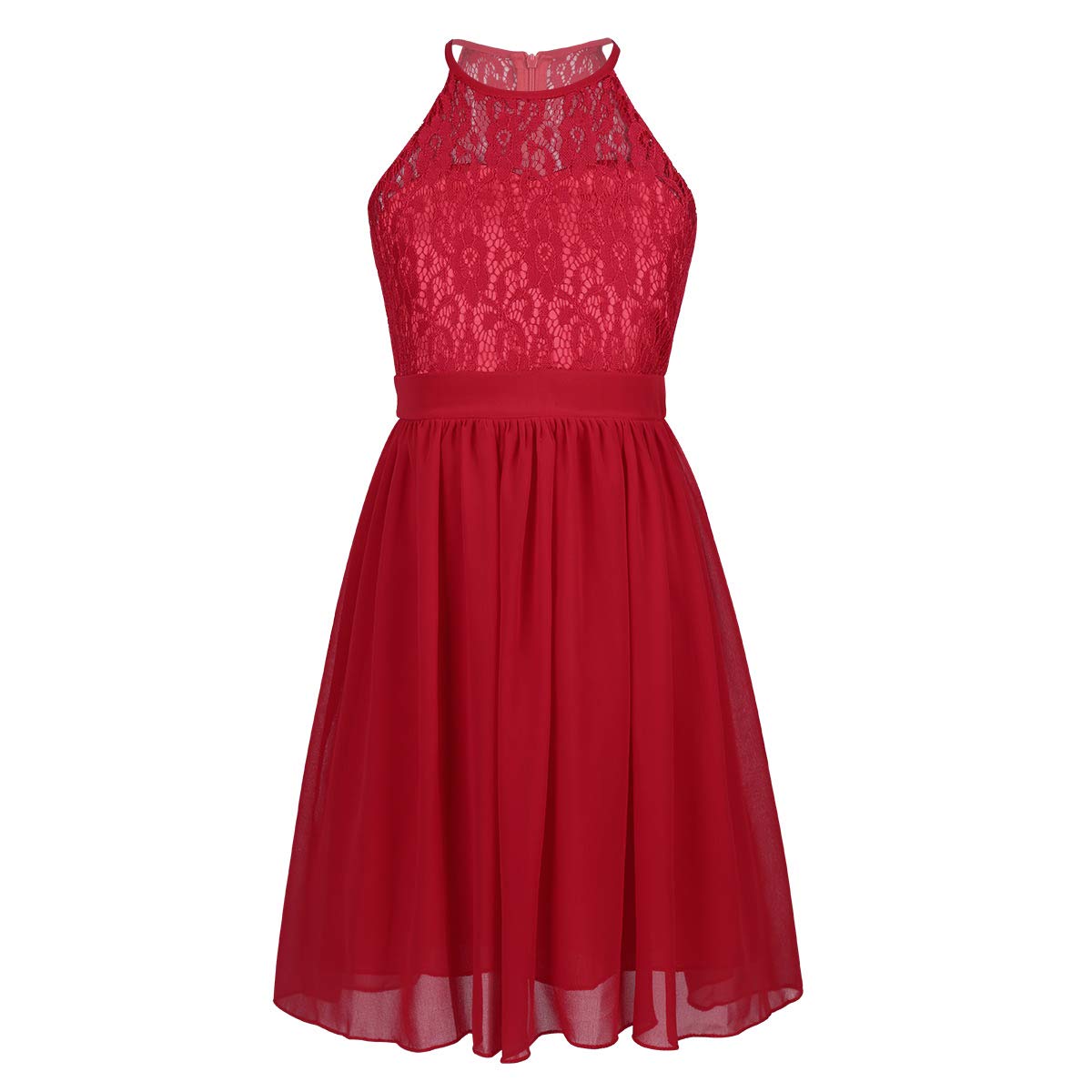 Hularka Girls Halter Neck Floral Lace Chiffon Flower Girl Dress - Elegant Wedding Bridesmaid & Formal Ball Gown for Special Occasions, Parties, and Photoshoots
