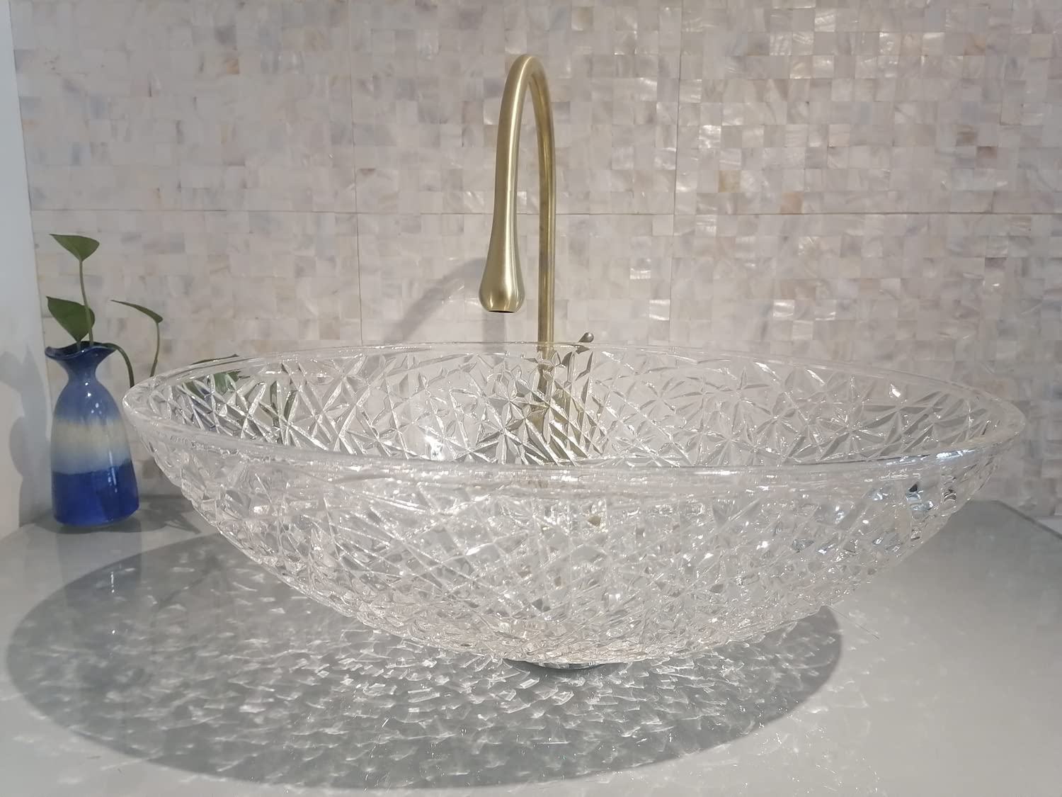 Premium Crystal Glass Vessel Sink - Oval Ice Clear Bathroom Vanity Countertop Sink with Pop-Up Drain | Glossy Surface Finish | Modern Luxury for Spa, Hotel & Upscale Home Bathrooms | FW-LA619