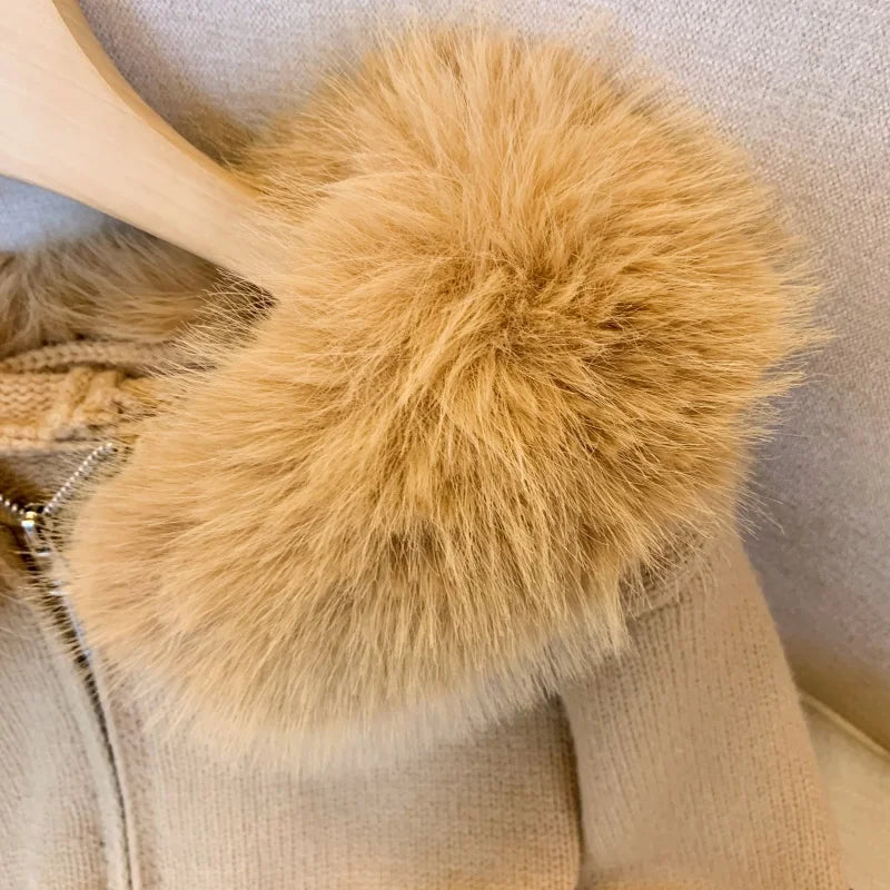 Women's Plush Hoodie Cardigan - Korean Fashion Winter Sweater with Zipper | Soft Cotton Knit Coat for Casual Wear & Vacation | Warm Thick Tops for Fall & Winter Seasons