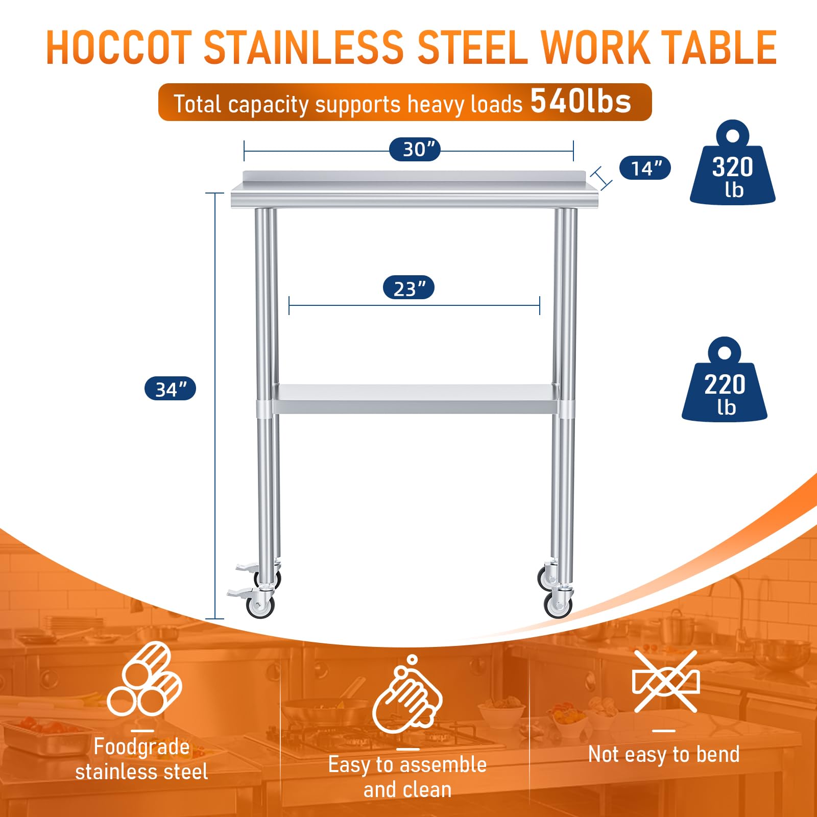 Stainless Steel Prep & Work Table with Adjustable Shelf, Backsplash & Wheels - 14
