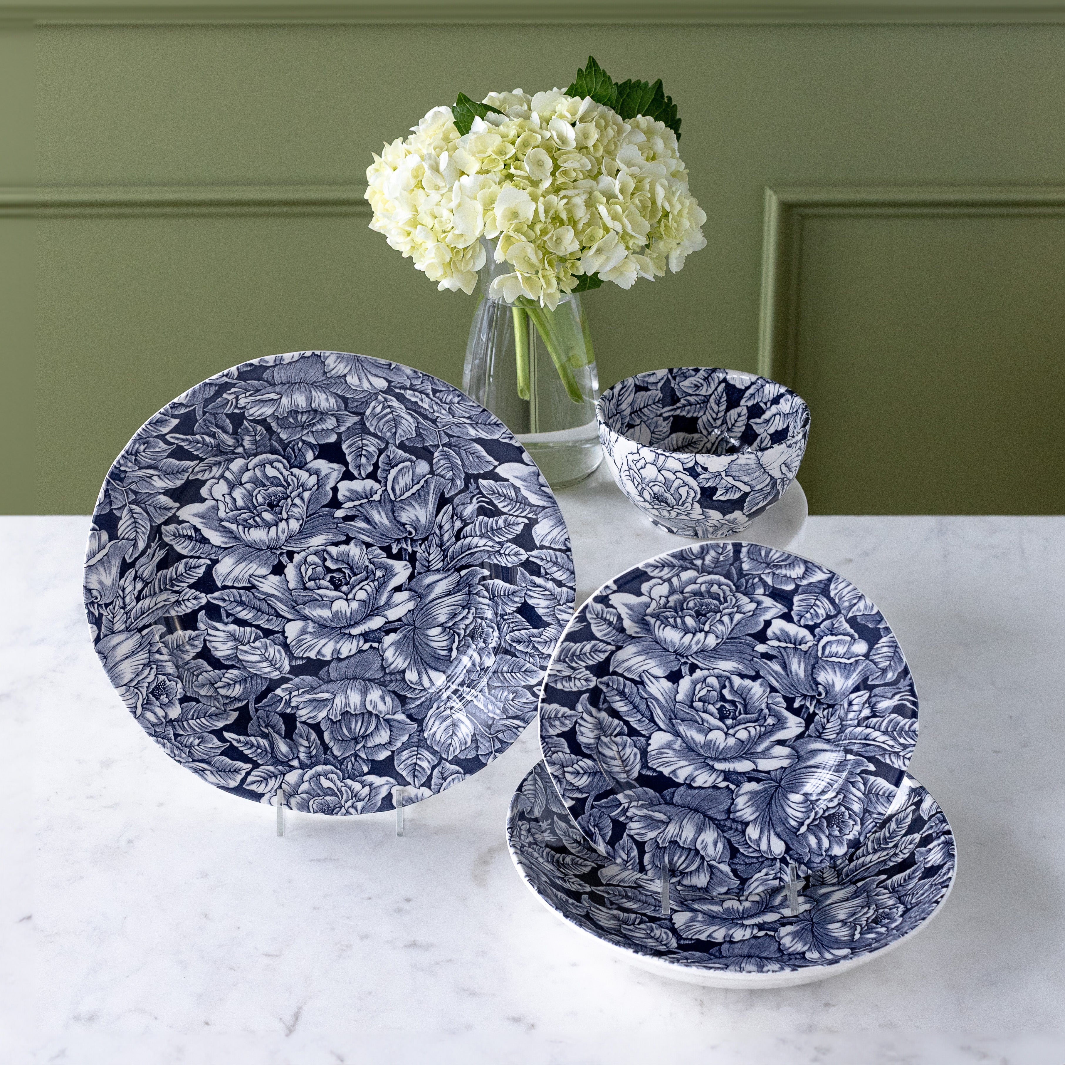 Burleigh Ink Blue Hibiscus Dinnerware Set - Elegant Floral Ceramic Plates & Bowls for Dining - Perfect for Home Decor, Wedding Registry & Special Occasions