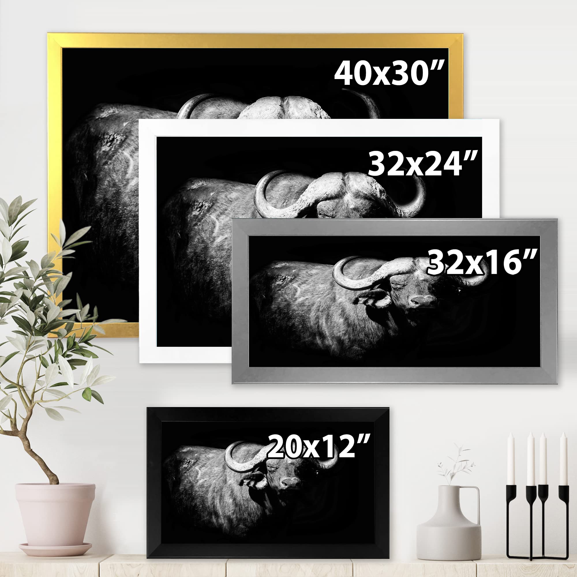 DesignQ Black and White Buffalo Portrait - Farmhouse Style Framed Wall Art Decor for Living Room, Bedroom & Office